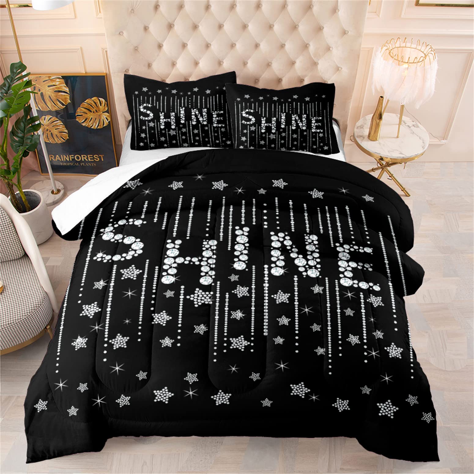 Sparkly Bead Curtain Pattern King Size Comforter Set - Black Luxury Bedding with 1 Comforter & 2 Pillowcases | Elegant Bedroom Decor for Master Suite, Guest Room & Dorm