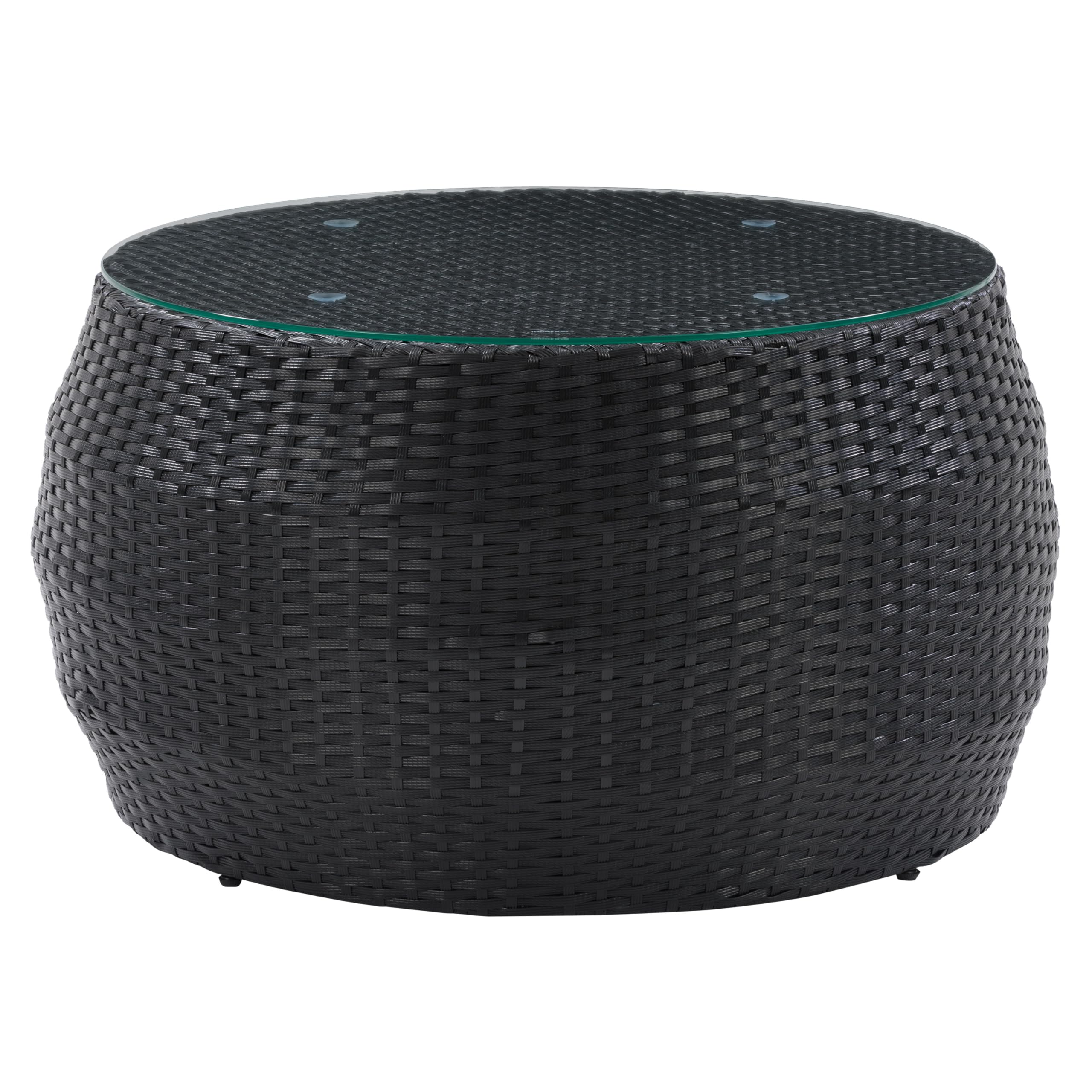 CorLiving Parksville Black Wicker Rattan Round Coffee Table with Tempered Glass Top - Perfect for Living Room, Patio, and Outdoor Decor