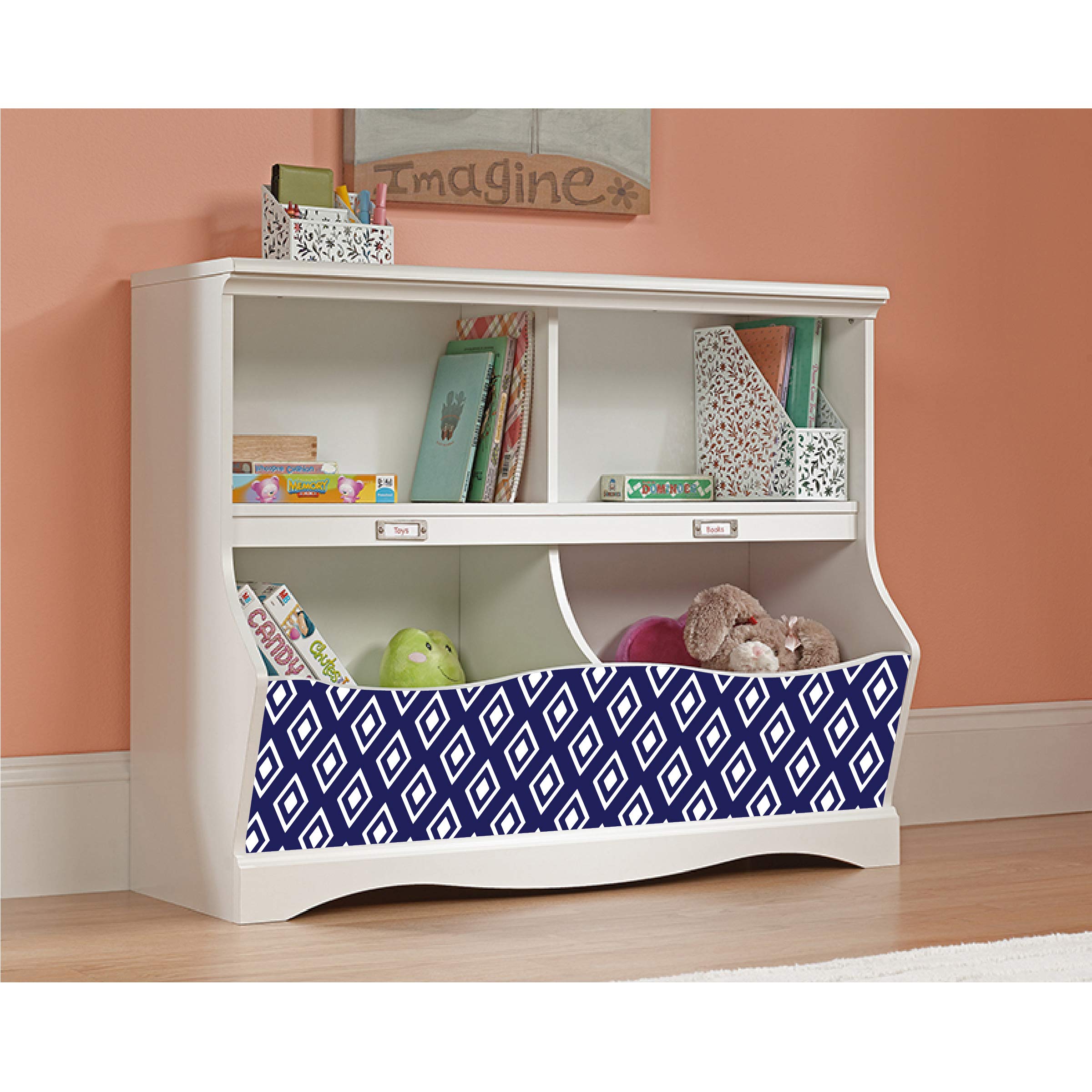 LifeSong Milestones Kids Bookcase with Cubbyhole Storage - White Finish Diamond (Navy) Toy Organizer for Nursery, Playroom & Bedroom | Perfect for Storing Books, Toys & Decor in Children's Rooms