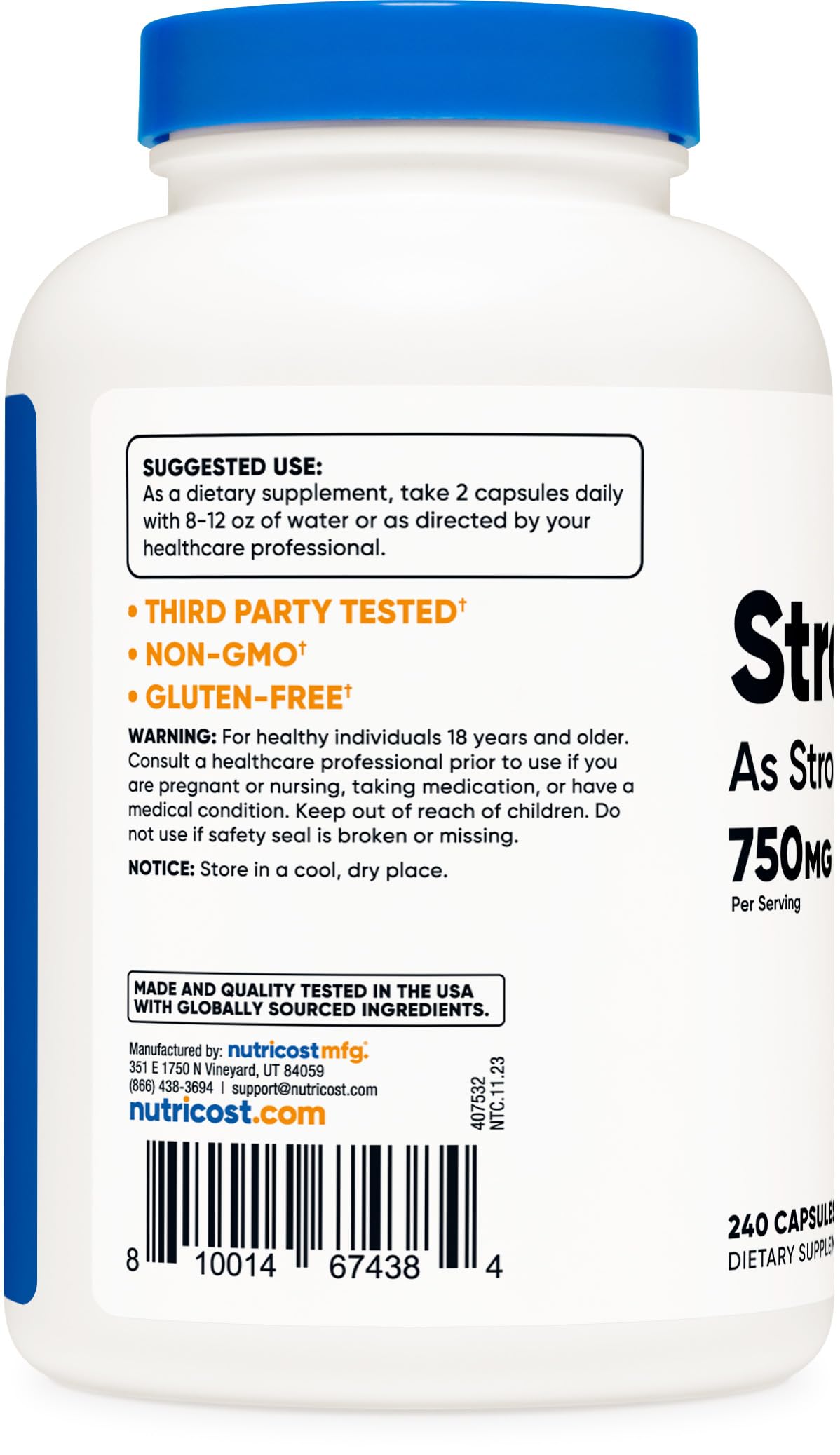 Nutricost Strontium Capsules 750mg, 240 Count - Vegetarian, Non-GMO, Gluten Free Supplement for Bone Health & Joint Support - Perfect for Daily Wellness Routine
