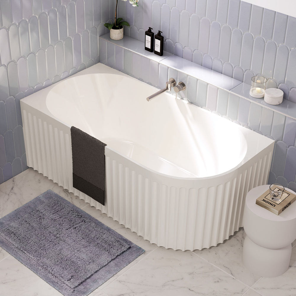 Fienza Eleanor Fluted Acrylic Corner Bathtub 1500mm - Gloss White | Modern Freestanding Soaking Tub for Small Bathrooms & Spa-Like Relaxation