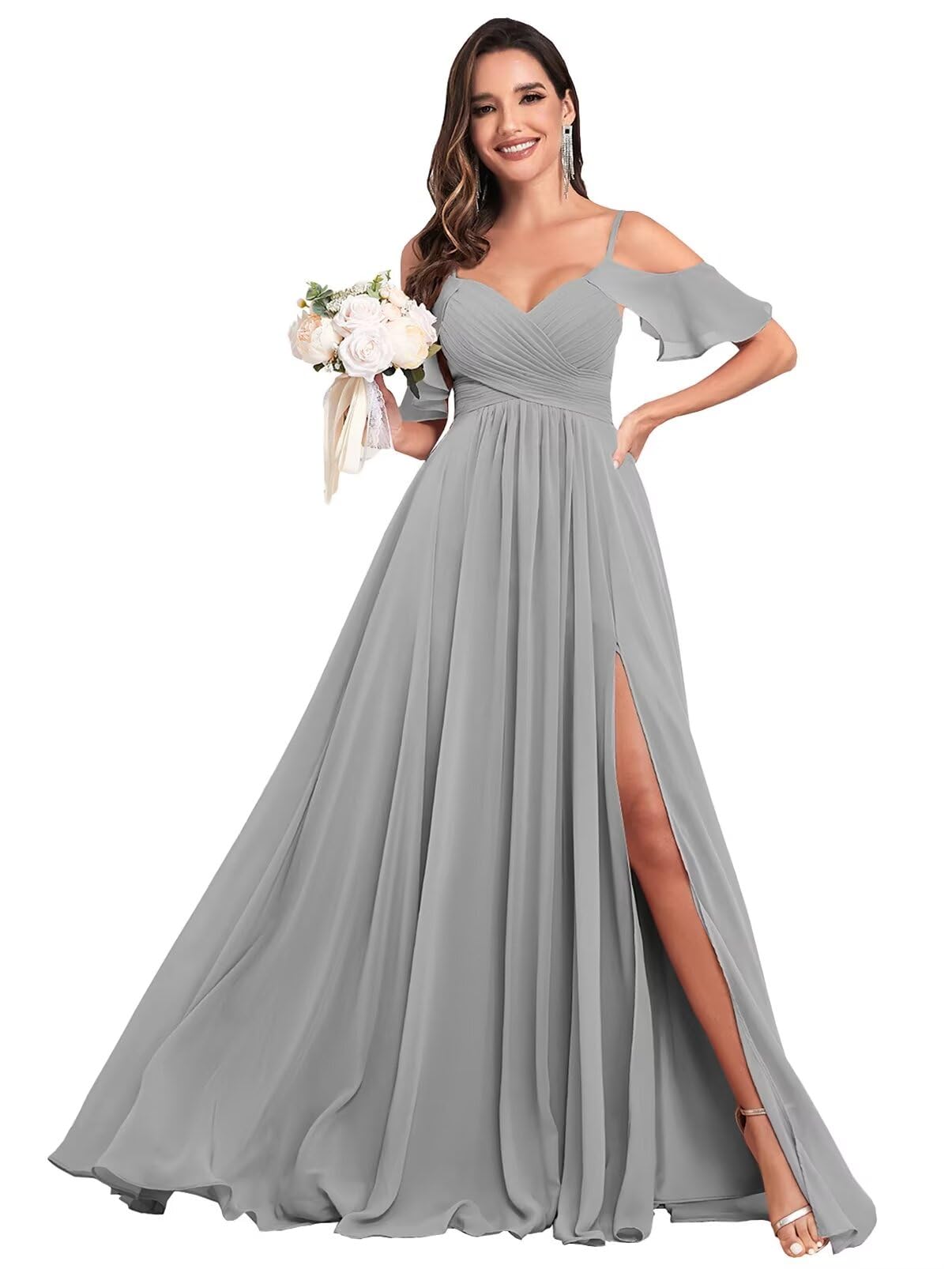 Elegant Cold Shoulder Chiffon Bridesmaid Dresses for Women - Long Pleated Formal Gown with Side Slit & Pockets | Perfect for Weddings, Proms, and Special Occasions