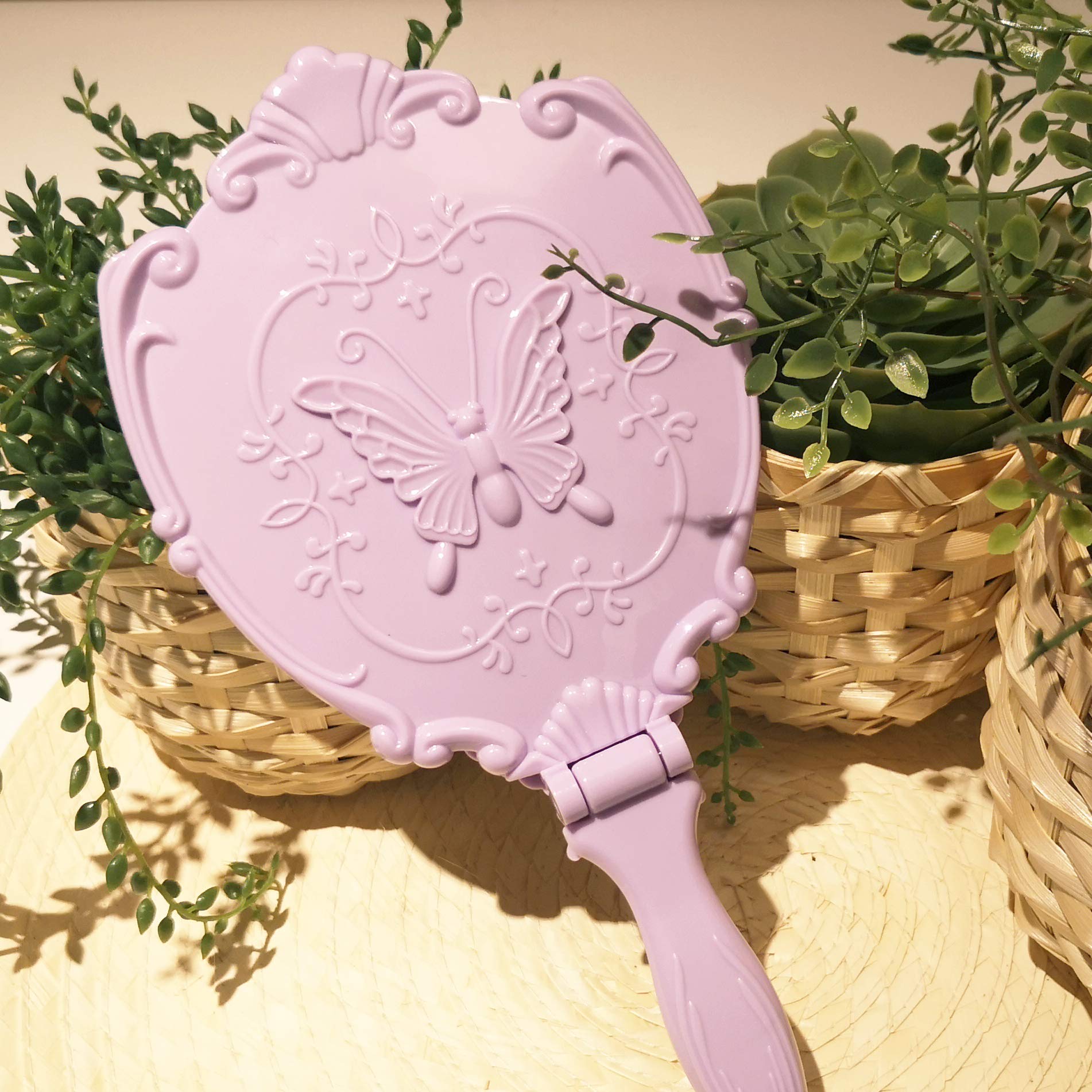 Embossed Butterfly Handheld Mirror with Folding Handle - Elegant Purple Princess Style Vanity Mirror for Girls | Perfect for Makeup, Travel & Bedroom Decor
