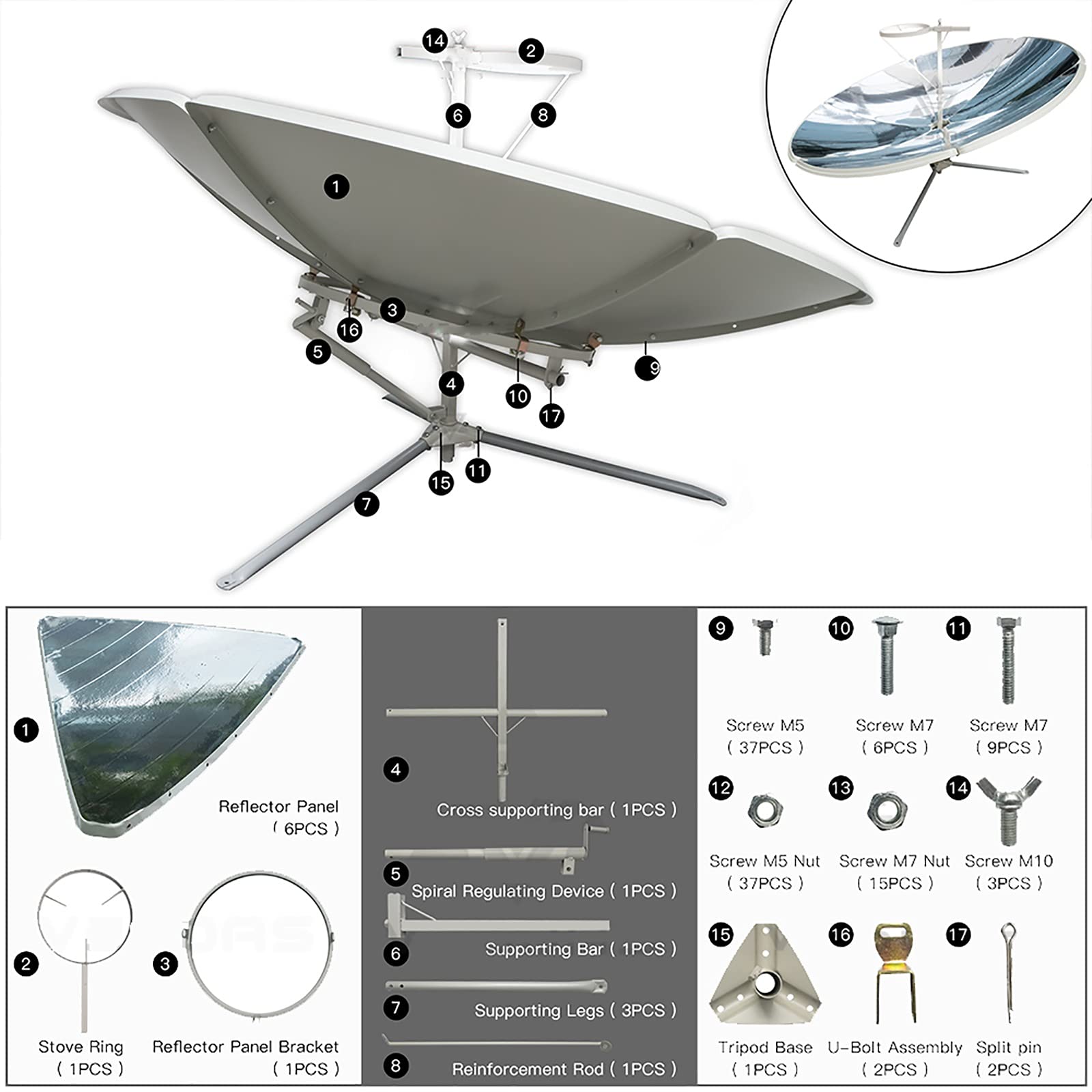 **1800W Portable Parabolic Solar Cooker - 59 Inch Foldable Outdoor Oven with Magnesia Stove Kit for Camping, Hiking & Emergency Cooking**