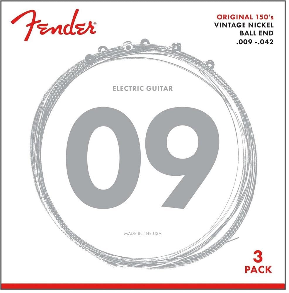Fender Original 150 Electric Guitar Strings - Pure Nickel Wound, Ball End, 150L .009-.042 Gauge, 3-Pack Set for Rock, Blues & Jazz Performances