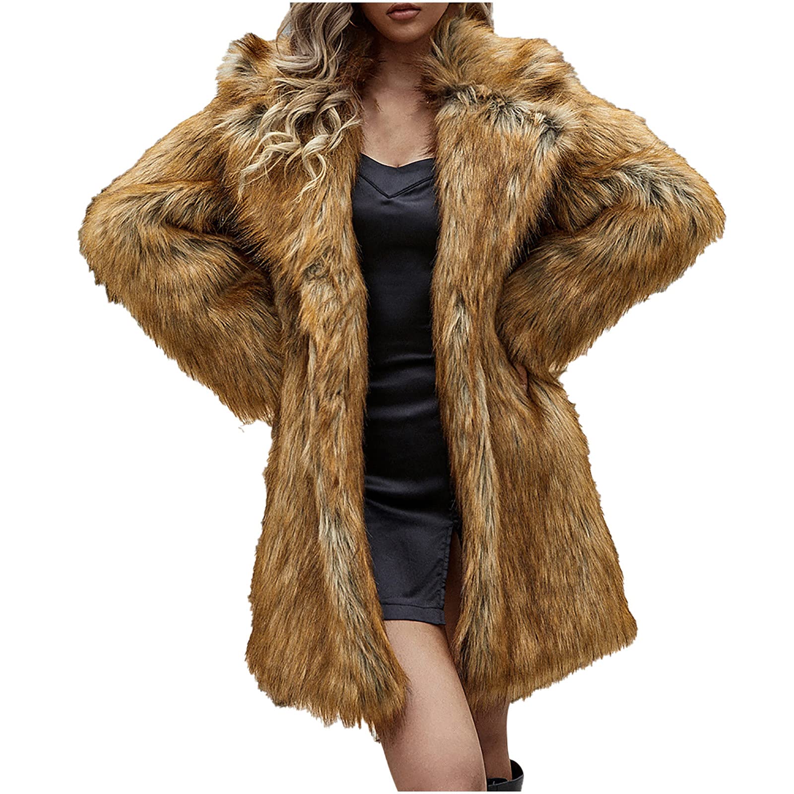 Brown Faux Fur Coat for Women - Plus Size Formal Cardigan Sweater with Long Sleeves | Wedding Guest Outfit, Shaggy Sherpa Jacket for Winter & Special Occasions