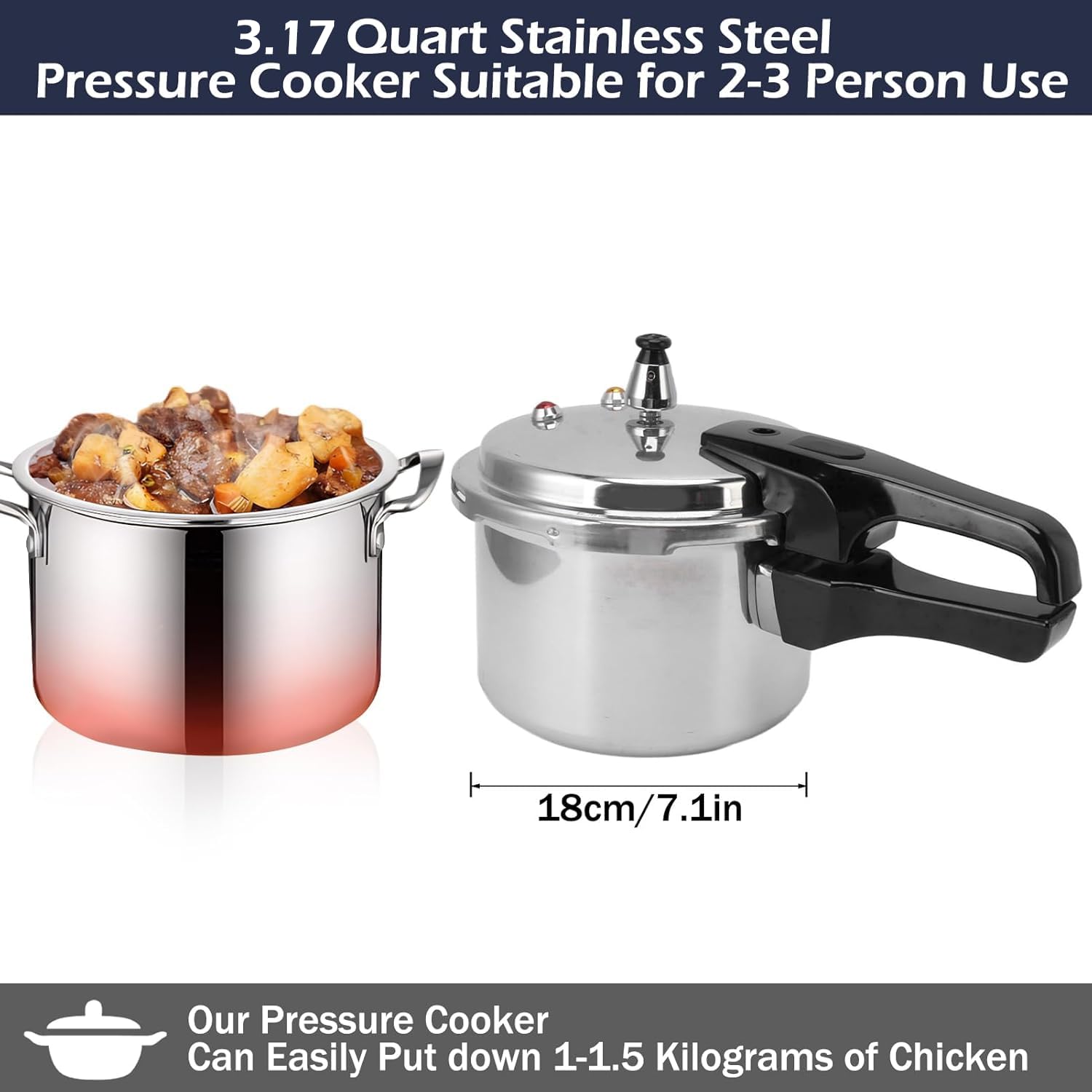 3.17 Quart Aluminum Alloy Pressure Cooker - 3L Mini Pressure Cooking Pot (7 Inch/18cm) for Gas & Induction Stoves | Perfect for Camping, Dorm Cooking & Small Kitchens