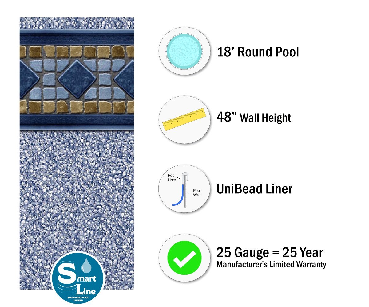 Smartline Laguna 18-Foot Round Pool Liner - UniBead Style 48-Inch Wall Height | 25 Gauge Durable Virgin Vinyl Material for Steel Sided Above Ground Swimming Pools | Includes Universal Gasket Kit | Perfect for Backyard Pool Installation & Summer Family Fun