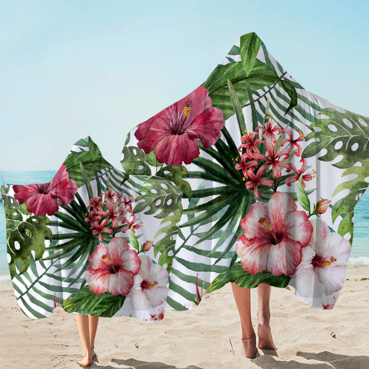 Sleepwish Pink Hibiscus Tropical Beach Towel - Surf Hoodie Poncho & Bath Wrap for Kids & Adults (Red) - Perfect for Pool, Beach, Surfing & Spa Days