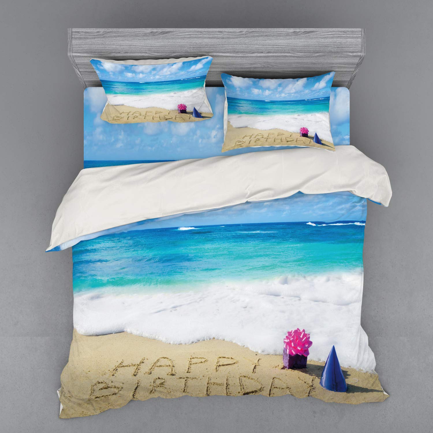 Ambesonne Birthday Bedding Set - Happy Birthday Celebration Sandy Beach Theme with Party Hats & Gifts, 4-Piece Duvet Cover Set with Shams & Fitted Sheet, King Size in Blue, Pale Brown & Pink - Perfect for Birthday Parties, Beach-Themed Bedrooms & Gift Giving