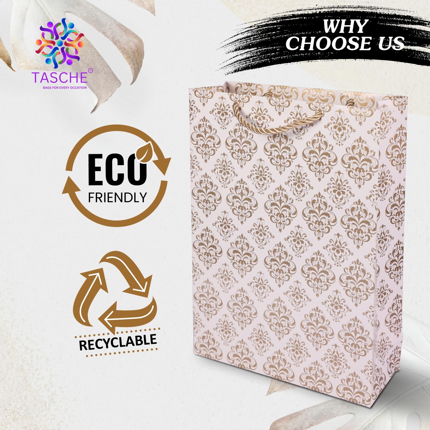 Gold Flower Design Gift Bags for Weddings & Birthdays - Pack of 10