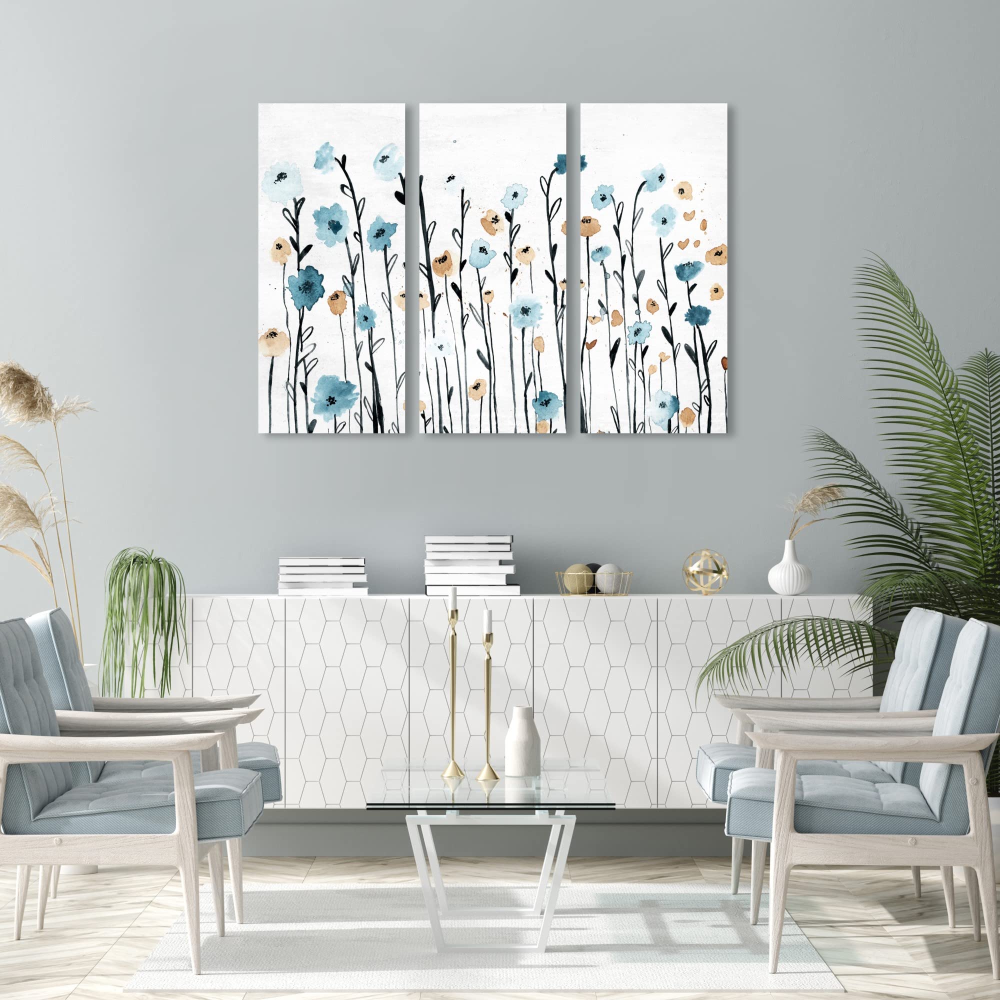 Oliver Gal Blue Flower Garden Three-Piece Canvas Wall Art Set - Blue & White 3 Panel Botanical Home Décor | Ready to Hang Living Room, Bedroom & Office Wall Decor