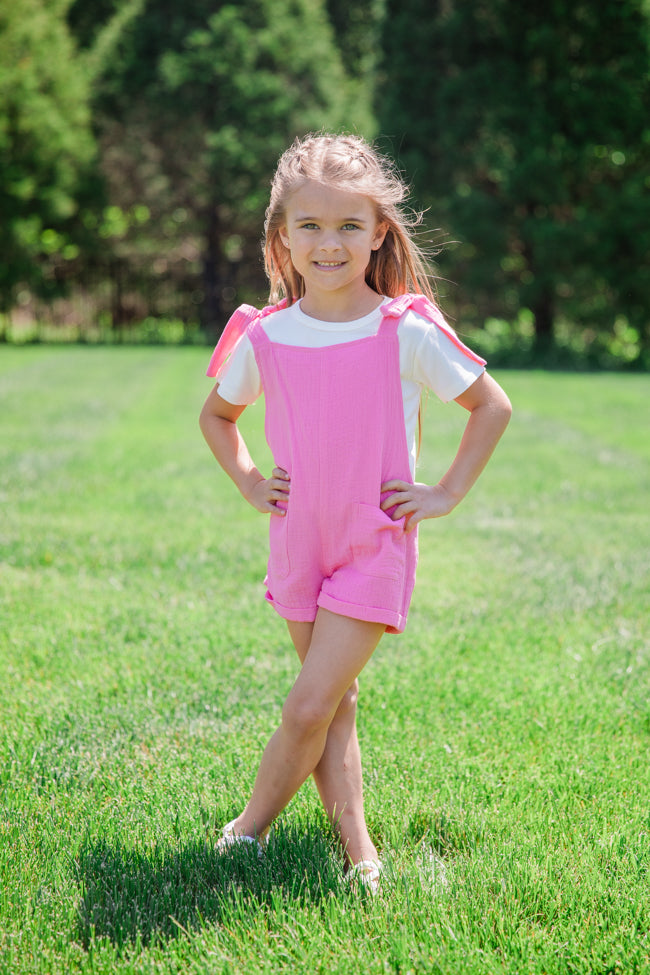 Girl's Hot Pink Tie-Shoulder Gauze Romper - Soft & Breathable Summer Outfit for Toddlers & Kids | Perfect for Playdates, Beach Trips & Casual Wear