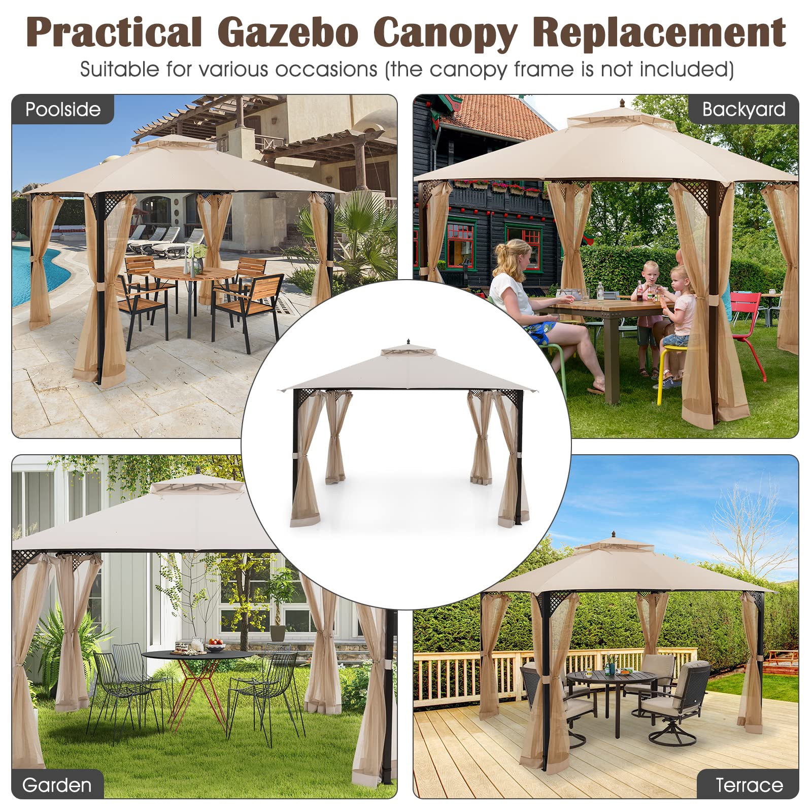Tangkula 10x12 Ft Gazebo Replacement Canopy Top - Double Tier Outdoor Canopy Roof with Air Vent & Drainage Holes - CPAI-84 Waterproof Patio Cover for Garden, Backyard, Deck - Perfect for Outdoor Dining, BBQ Parties & Sun Protection (Beige)