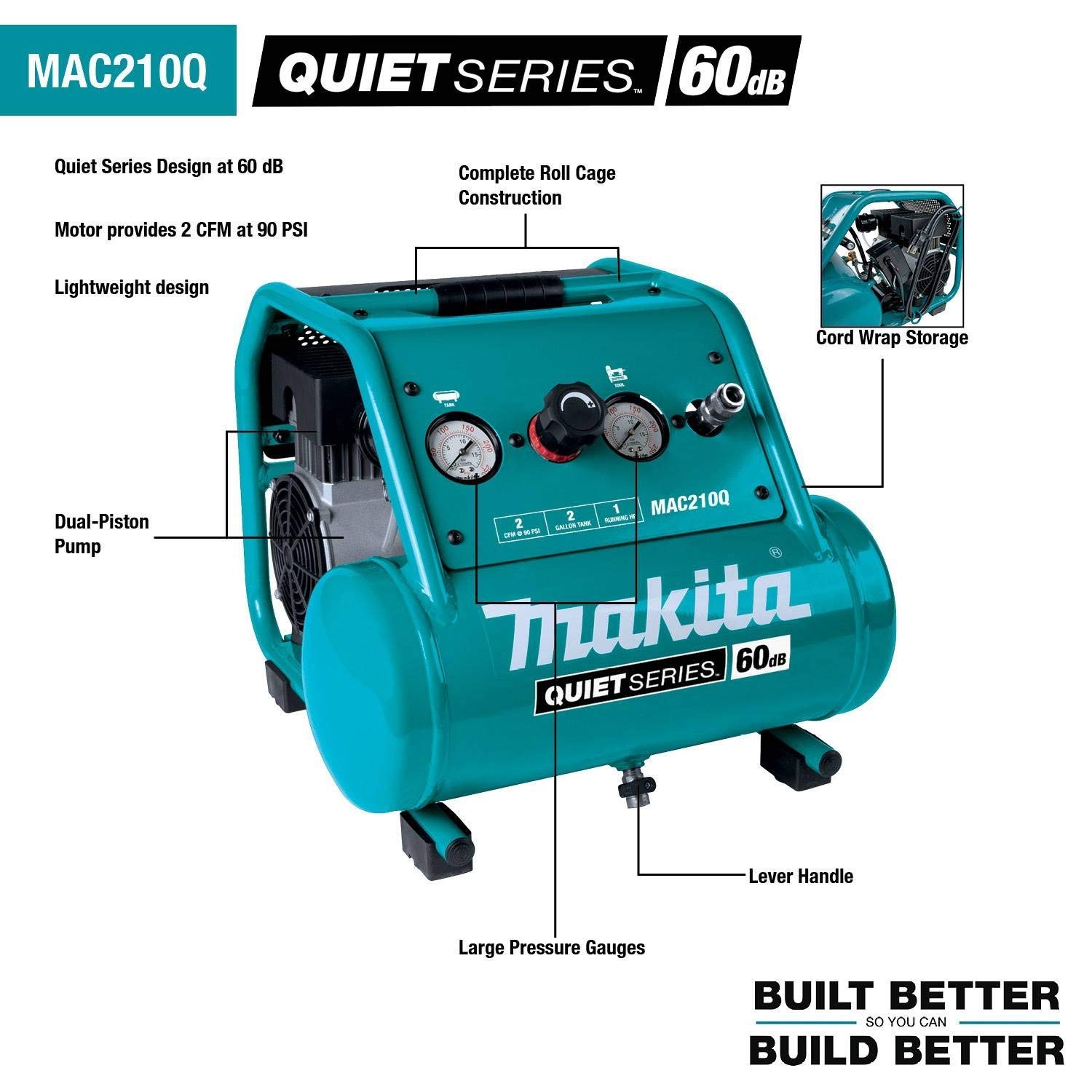 Makita MAC210Q-R 1 HP 2 Gallon Oil-Free Portable Air Compressor - Quiet Series (Renewed) | Ideal for DIY Projects, Home Repairs & Professional Use