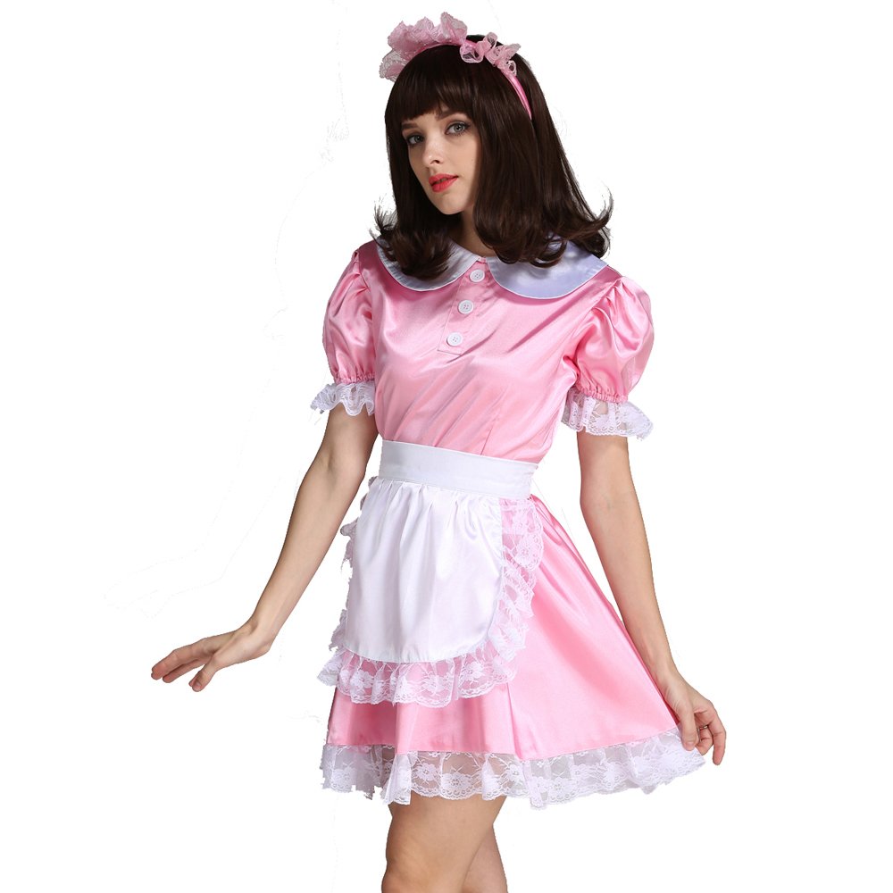Sexy Pink Satin French Maid Costume for Women - Halloween Cosplay, Role Play, Crossdressing & Party Outfit