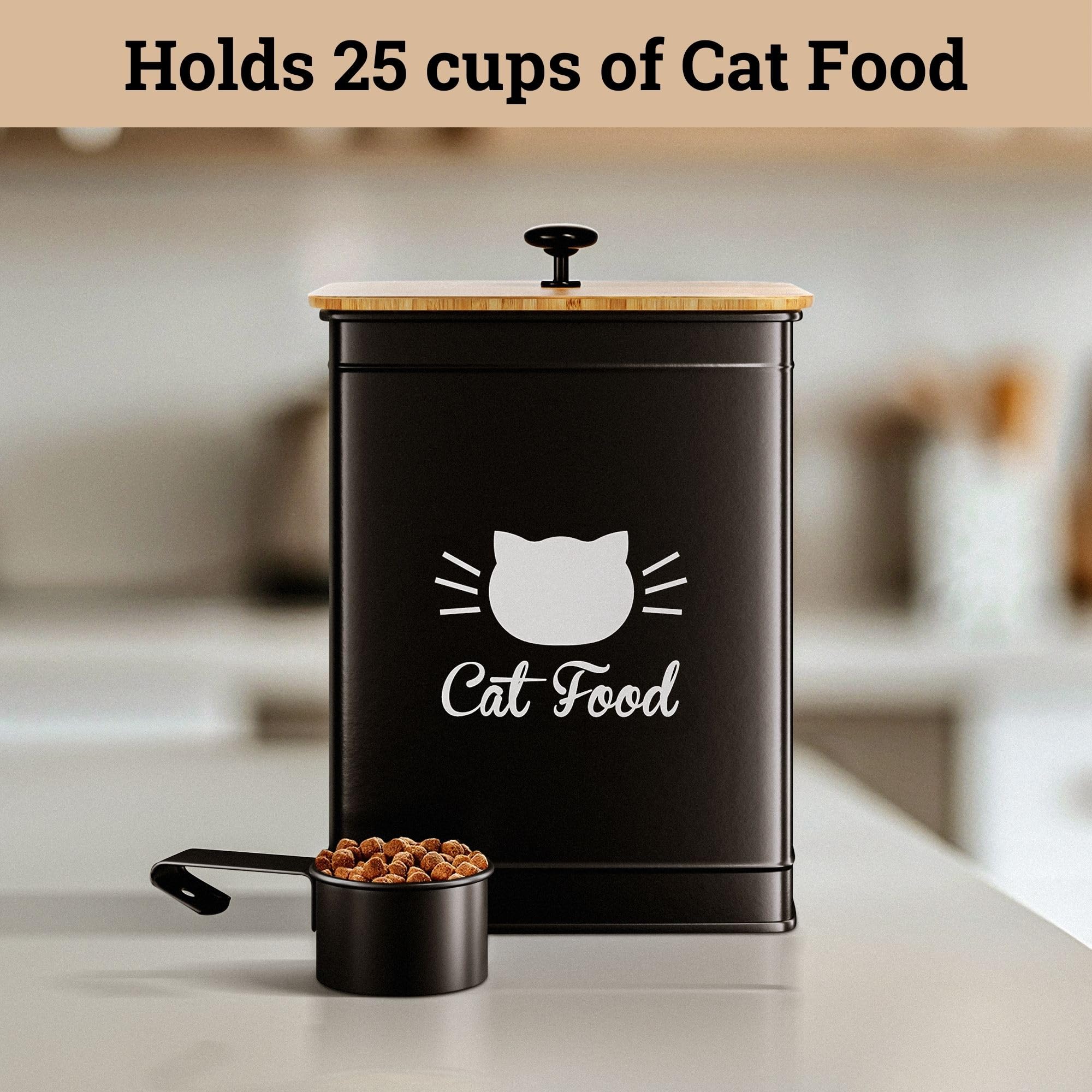 Airtight Cat Food Storage Container with Scoop - 5-10 lb (25 Cup) Capacity Metal Pet Food Bin with Bamboo Lid & Measuring Scoop - Perfect for Dry Kibble Storage in Kitchens, Pantries or Pet Feeding Areas