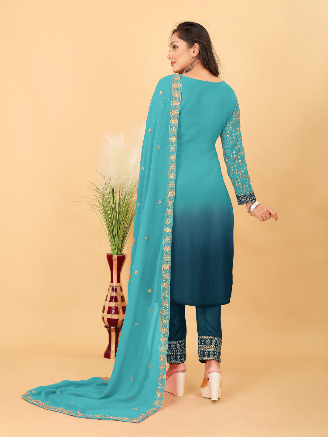 Elegant Blue Faux Georgette Pant Suit with Heavy Jari Sequence Embroidery - Designer Ready-to-Wear Outfit for Women | Perfect for Weddings, Parties, and Special Occasions