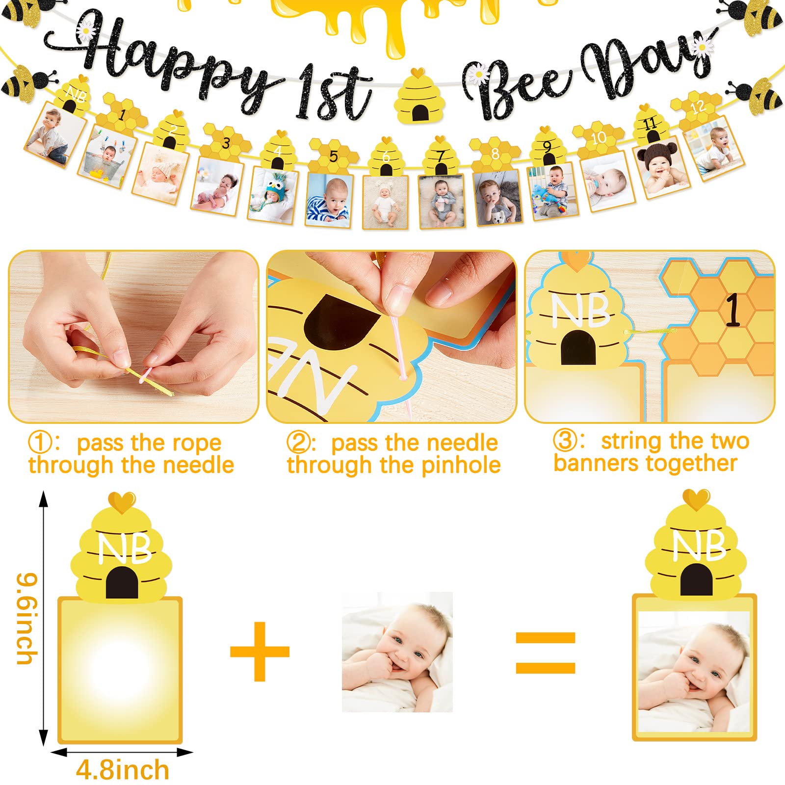 3 Pcs Happy 1st Bee Day Party Decorations - Bumble Honey Bee Birthday Banner, Cake Topper & Photo Props for Baby Boys Girls Newborn | Bee-Themed 1st Birthday Party Supplies for Cake Decor & Nursery Decor