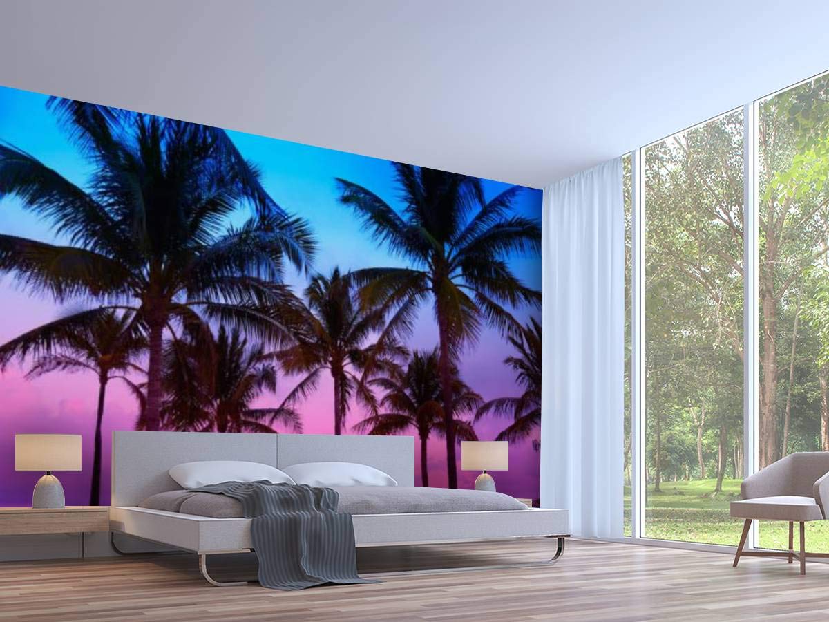 Self-Adhesive Removable Miami Beach Sunset Wallpaper Mural - Florida Palm Trees Scenic View Peel & Stick Wall Decal for Living Room, Bedroom & Office Decor | Easy DIY Home Craft Sticker Poster
