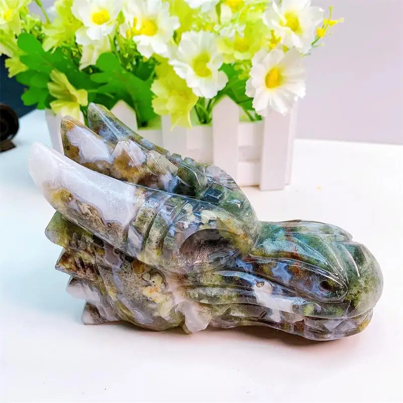 Natural Moss Agate Dragon Skull Carving - 15cm Handcrafted Crystal Home Decor, Healing Stone for Positive Energy, Wiccan Altar & Spiritual Gift - Perfect for Meditation Spaces, Gothic Decor & Unique Gift Giving
