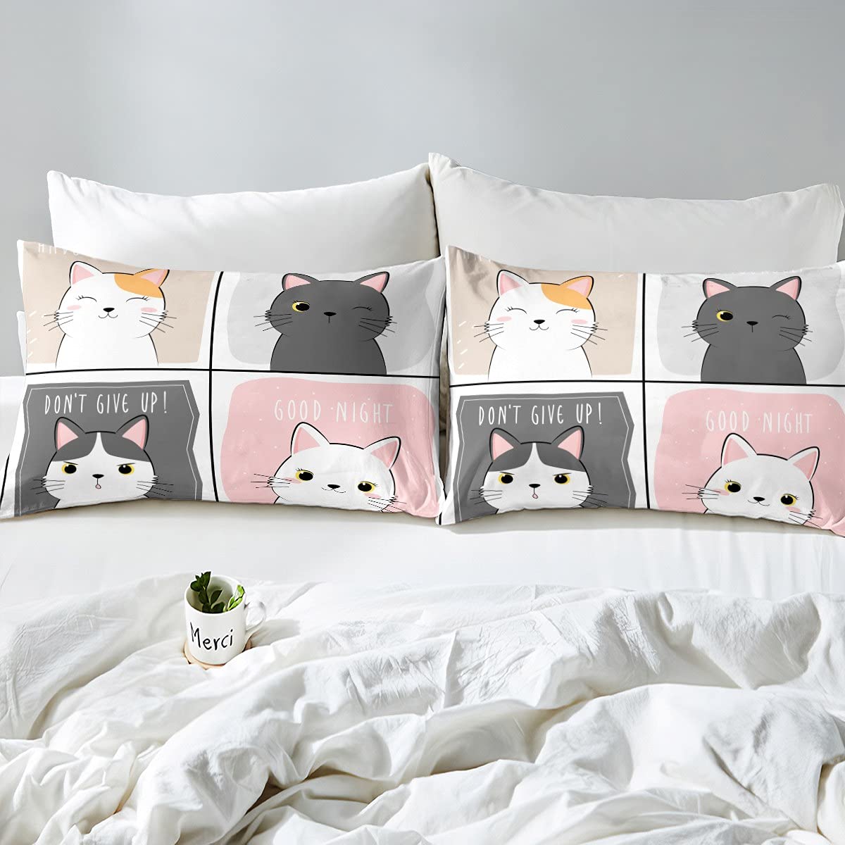 Erosebridal Kawaii Cats Queen Size Bed Sheet Set - Pink & Grey Cute Cat Print Bedding for Kids & Teens | Soft Microfiber 4-Piece Set (Fitted Sheet, Flat Sheet, 2 Pillowcases) | Perfect for Girls' Rooms, Dorm Decor & Anime-Themed Bedrooms