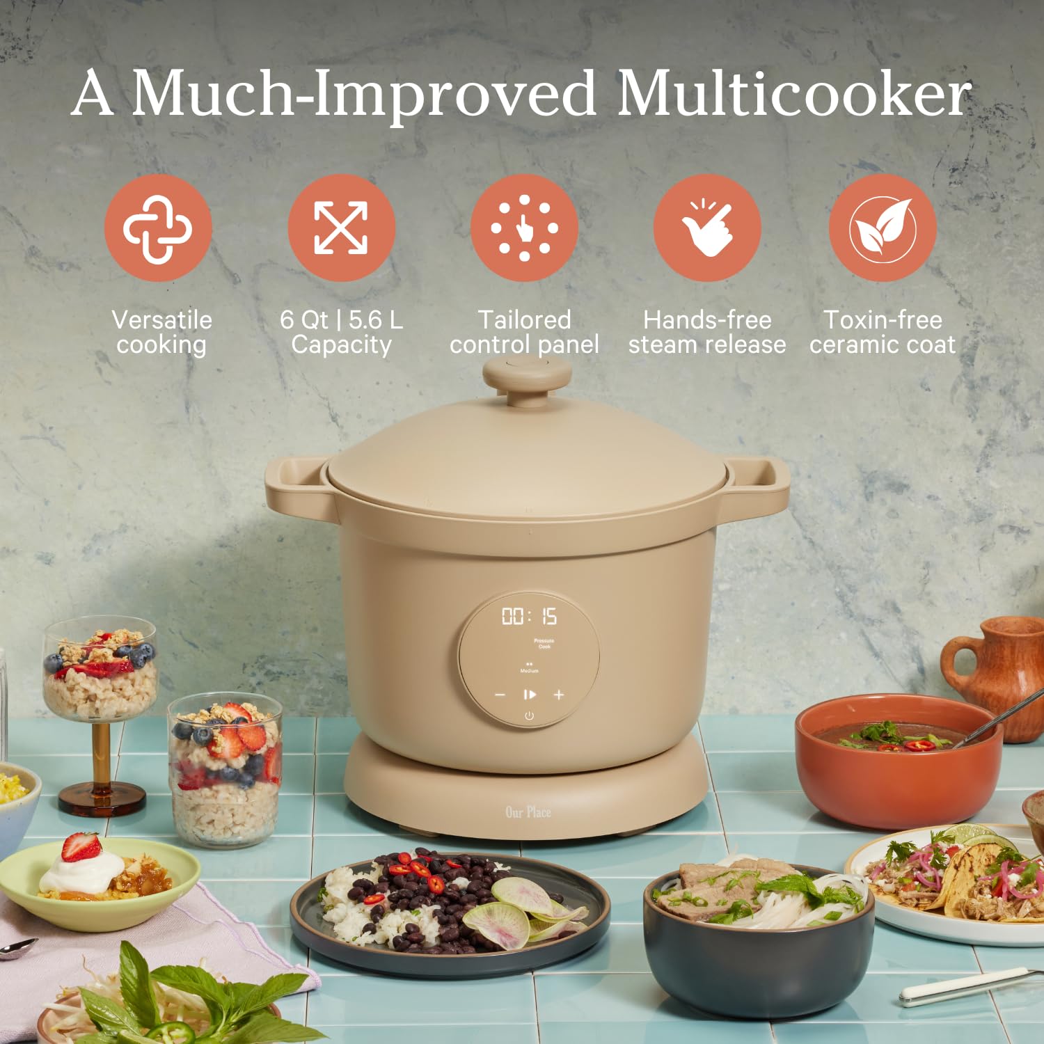 Our Place Dream Cooker 6-Quart Multi-Cooker with 4-in-1 Functions: Pressure Cook, Slow Cook, Sear/Saute & Keep Warm | Hands-Free Steam Release & Custom Control Panel | Perfect for Meal Prep, Family Dinners & Healthy Cooking
