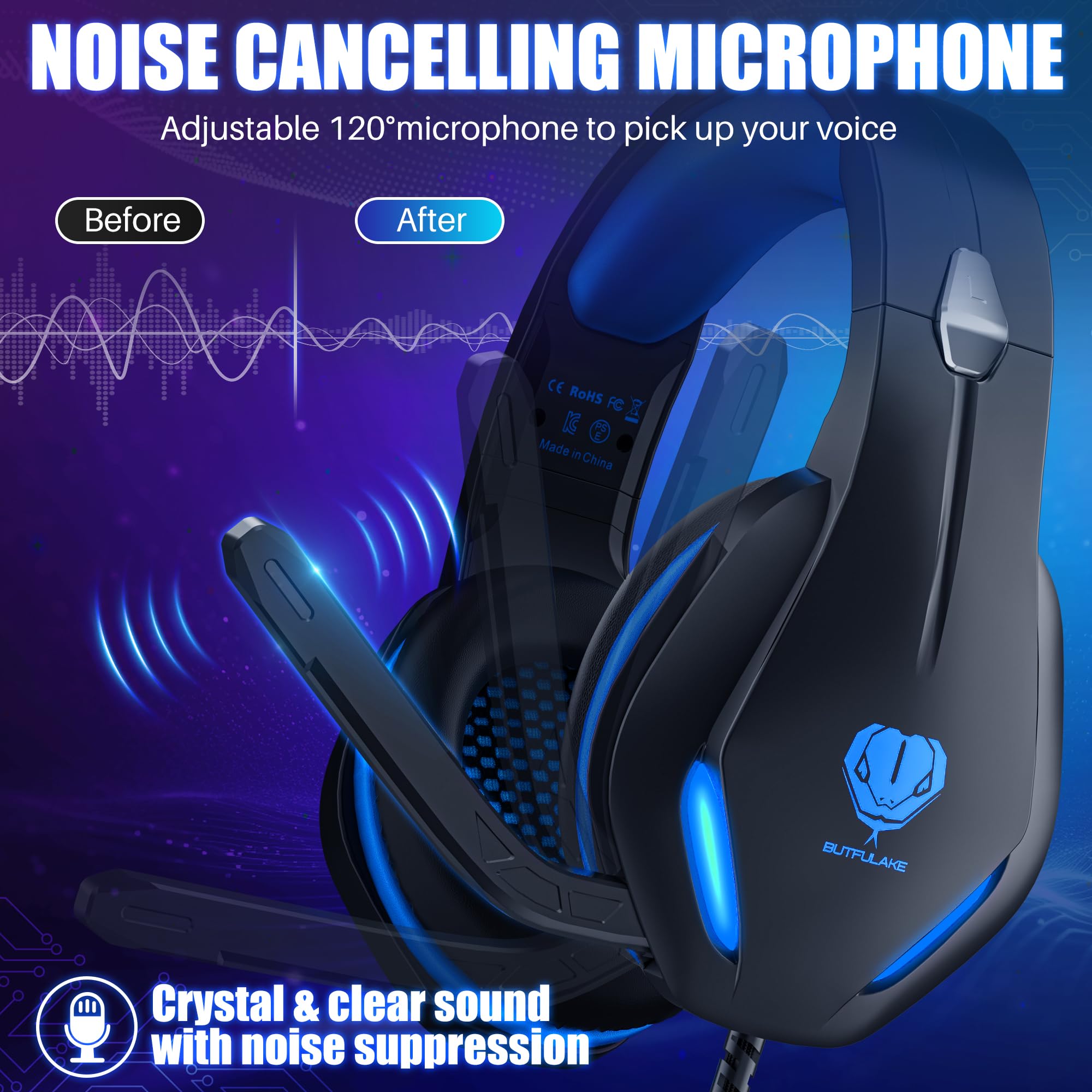 Stynice Gaming Headset with Microphone for Xbox One/PS4/PS5/PC - Stereo Surround Sound Wired Headphones with LED Lights & Noise Cancelling - Perfect for Online Gaming, Streaming & Esports Tournaments