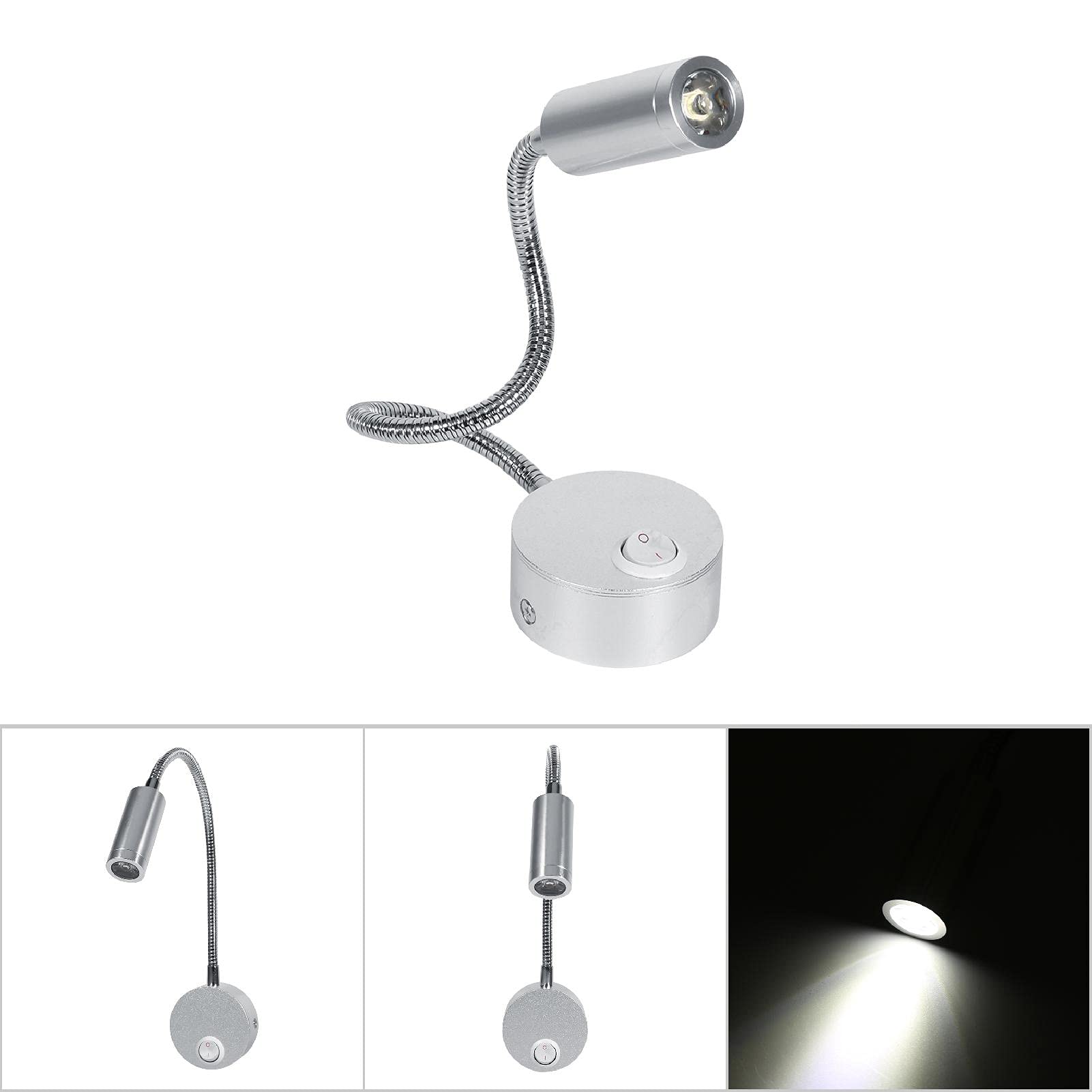 YOUTHINK LED Wall Lamp - 1W/3W Adjustable Gooseneck Reading Light with Cool/Warm White (6500K Cool White) & On/Off Switch - Perfect for Bedroom, Study, Living Room - Ideal for Night Reading, Studying, and Ambient Lighting