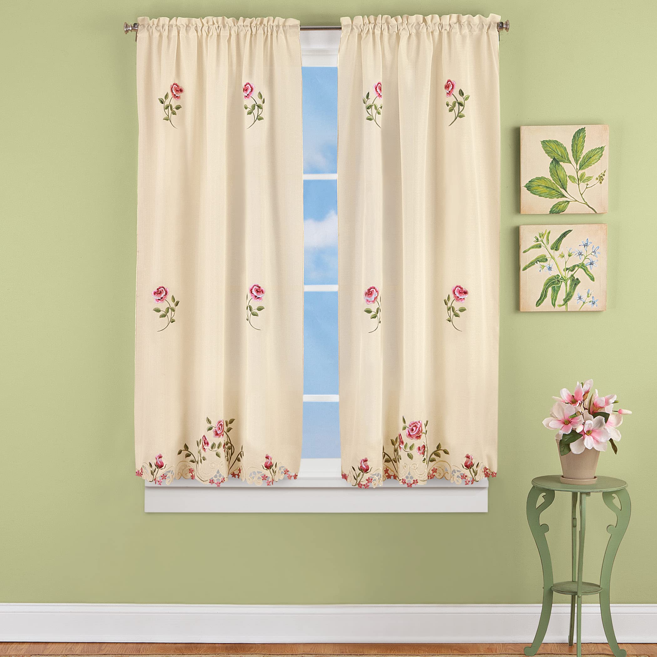 Elegant Pink Rose Floral Embroidered Curtains Drapes - Ivory & Rose 63