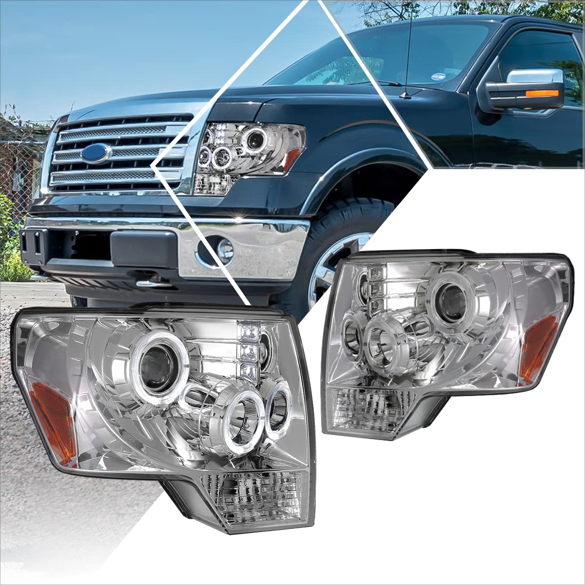 2Pcs LED Halo Ring Projector Headlight Assembly for Ford F150 2009-2014 - Chrome Housing with Amber Corner - High Performance Replacement Headlamps - Perfect for Night Driving & Off-Road Adventures