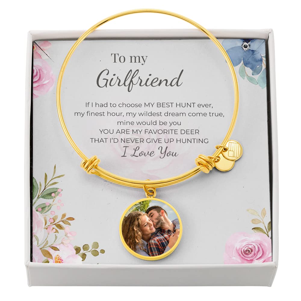 Personalized Girlfriend Bracelet - Engraved Circle Bangle with Heart Charm, Message Card & Gift Box - Romantic Birthday Gift for Her - Perfect for Anniversaries, Valentine's Day & Special Occasions