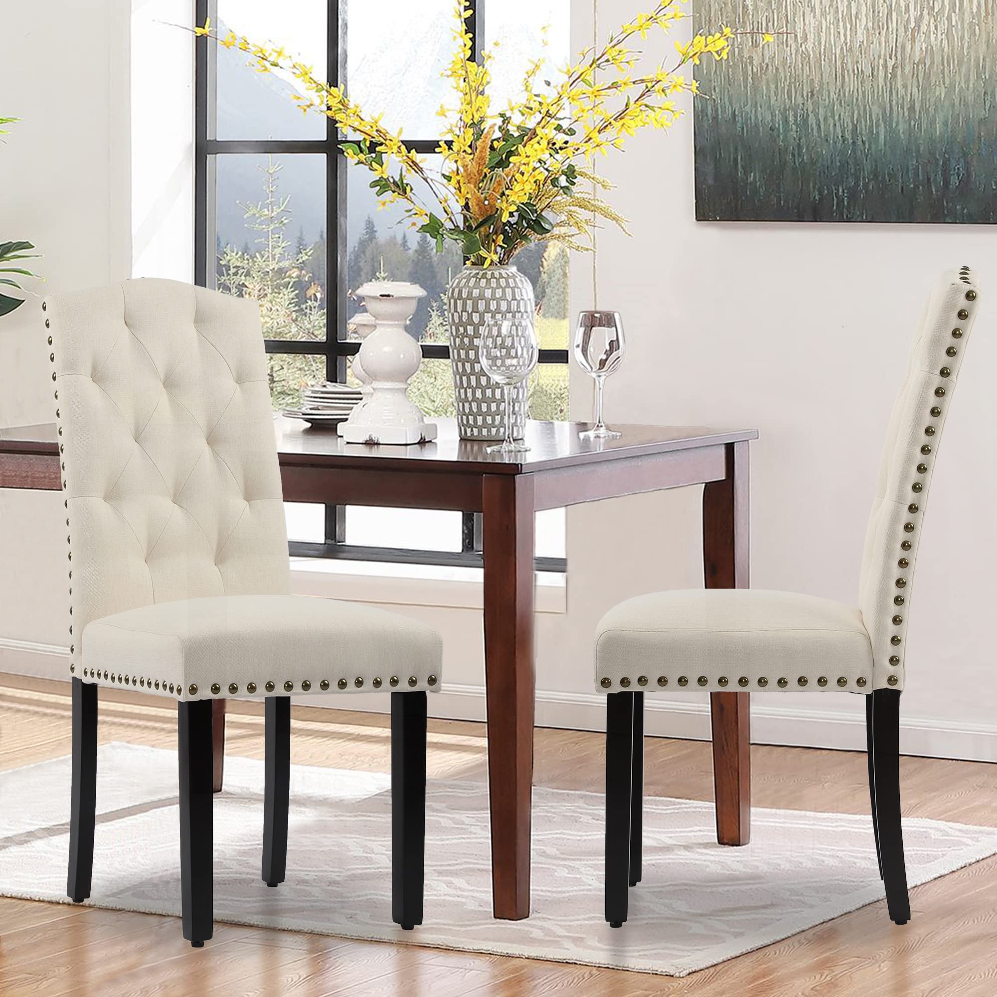 DAGONHIL 2-Piece Upholstered Dining Chair Set - Armless Kitchen Chairs with Solid Black Wood Legs for Home, Kitchen & Living Room (Beige) | Comfortable Seating for Family Meals & Entertaining