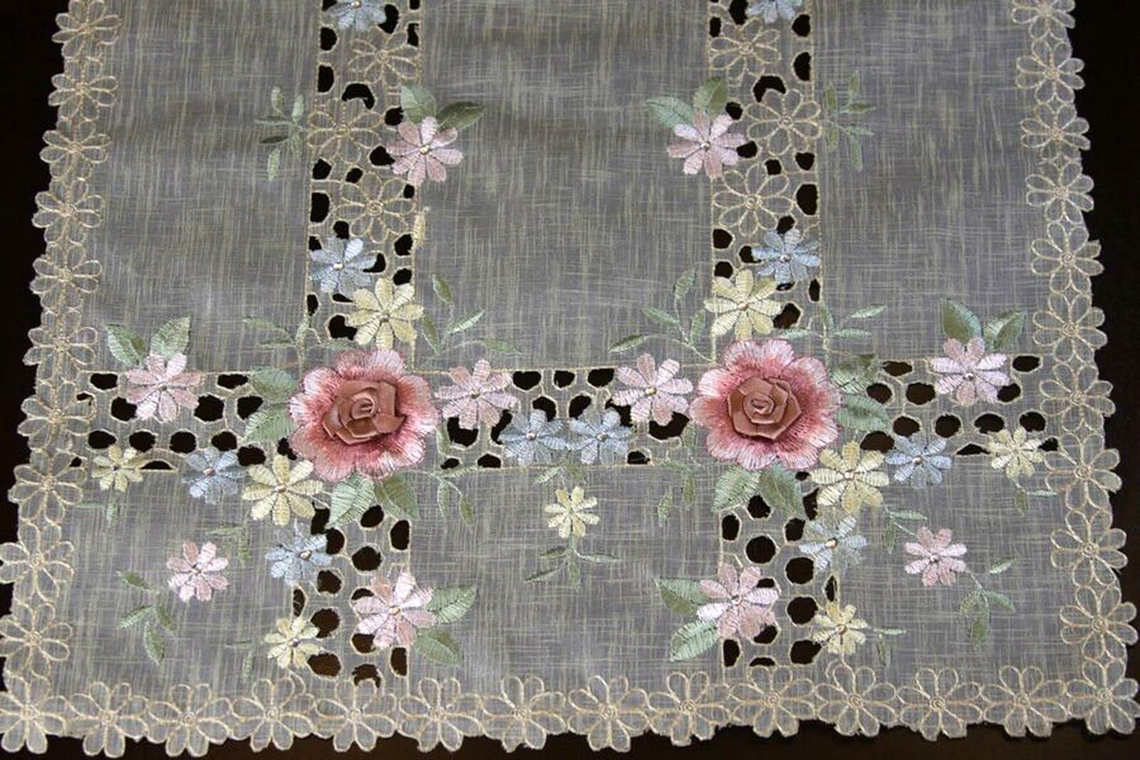 Spring Organza Embroidered Rose Daisy Floral Table Runner 16x72