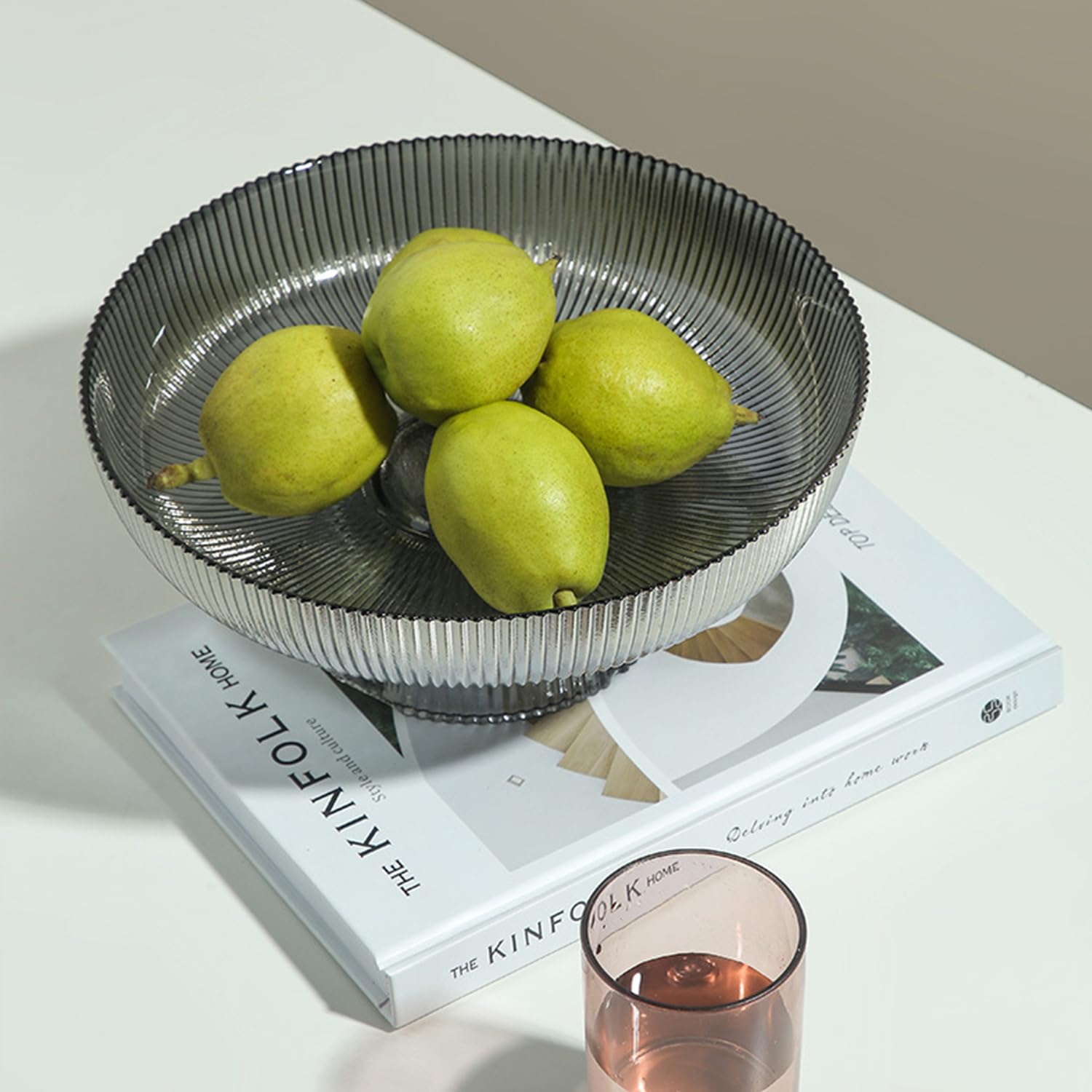 Premium Glass Fruit Bowl - Large Decorative Pedestal Bowl for Kitchen Counter & Table Décor | Elegant Light Gray Serving Bowl for Fruits, Snacks, and Centerpiece Displays
