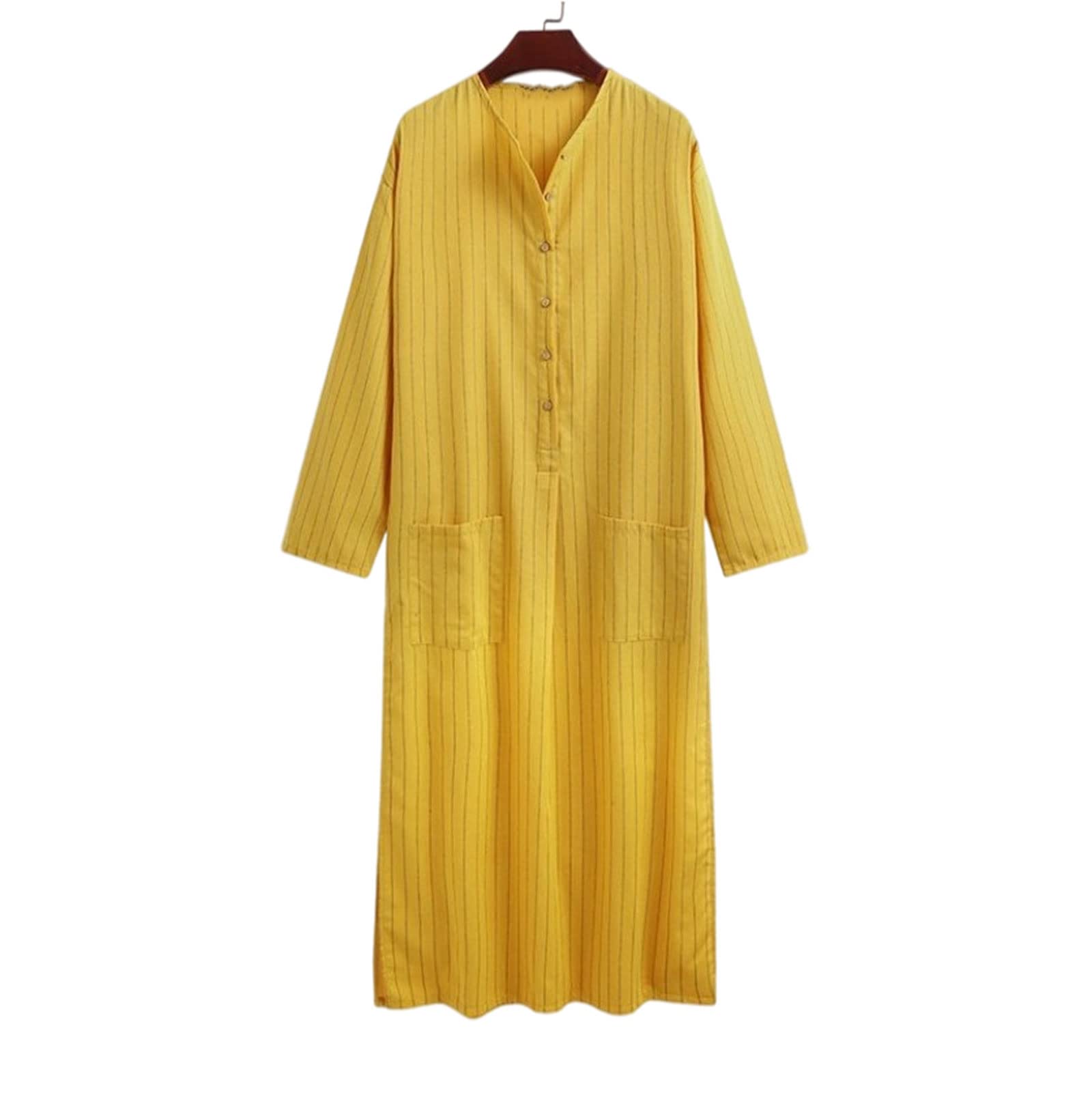 Vintage Striped Men's Muslim Kaftan Robe - Long Sleeve O-Neck Button Up Jubba Thobe with Pockets - Arabic Ethnic Clothing for Dubai, Prayer & Special Occasions