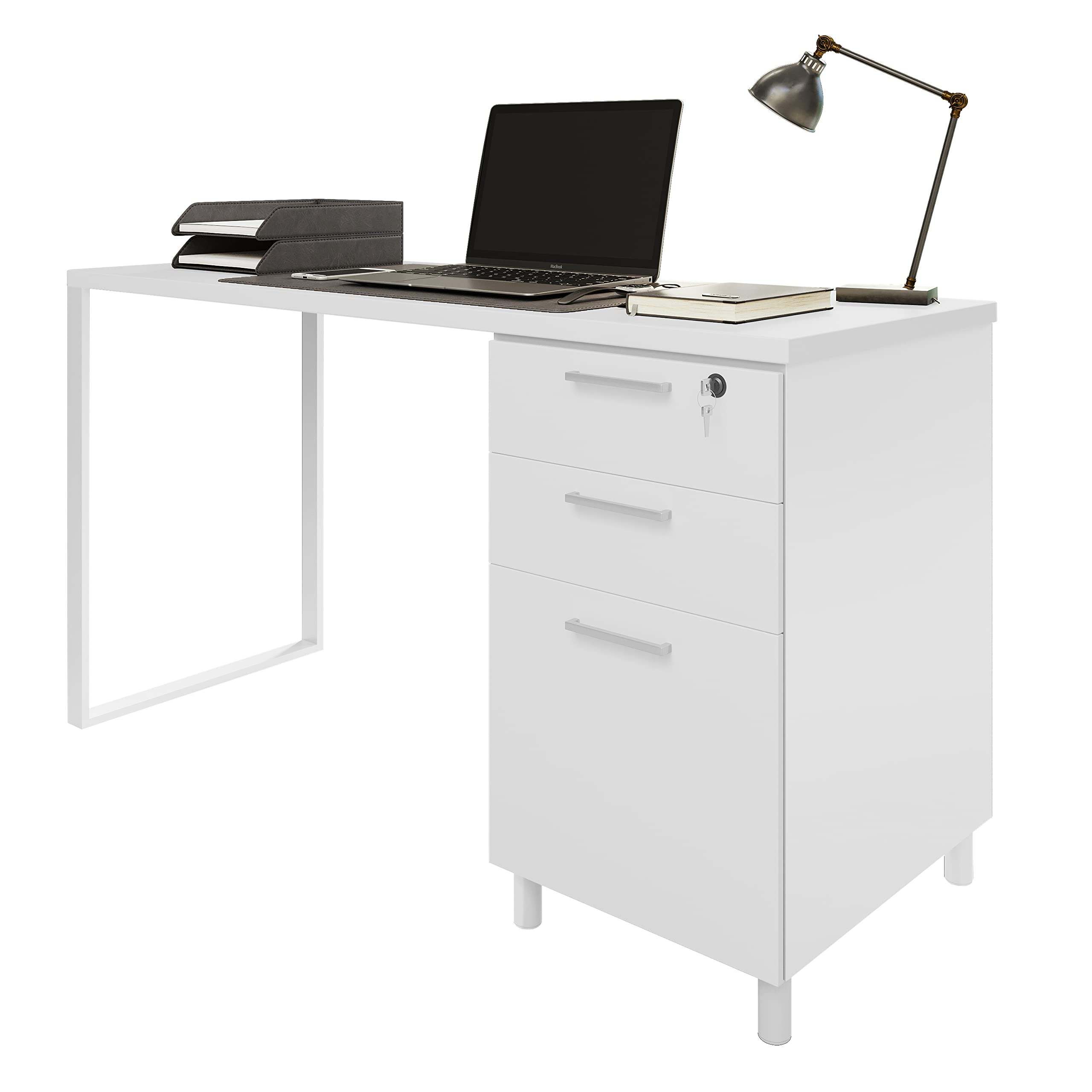 Modern Milano White Office Desk - 48 Inch Wooden Desk with 3 Locking Drawers & Filing Storage - Stylish Home Office Furniture for Small Spaces & Workstations - by Crafts and Comfort