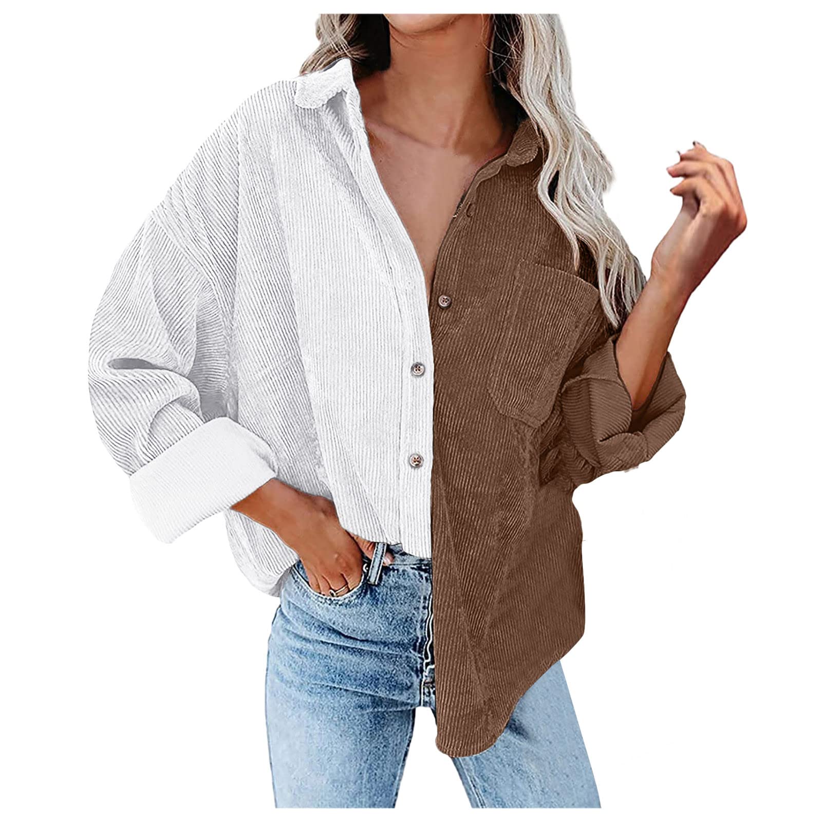 Women's Corduroy Button-Down Shirt - Boyfriend Style Long Sleeve Fleece Lined Jacket for Winter | Casual Fashion Top with Splicing Design | Perfect for Office Wear, Date Nights & Weekend Outings