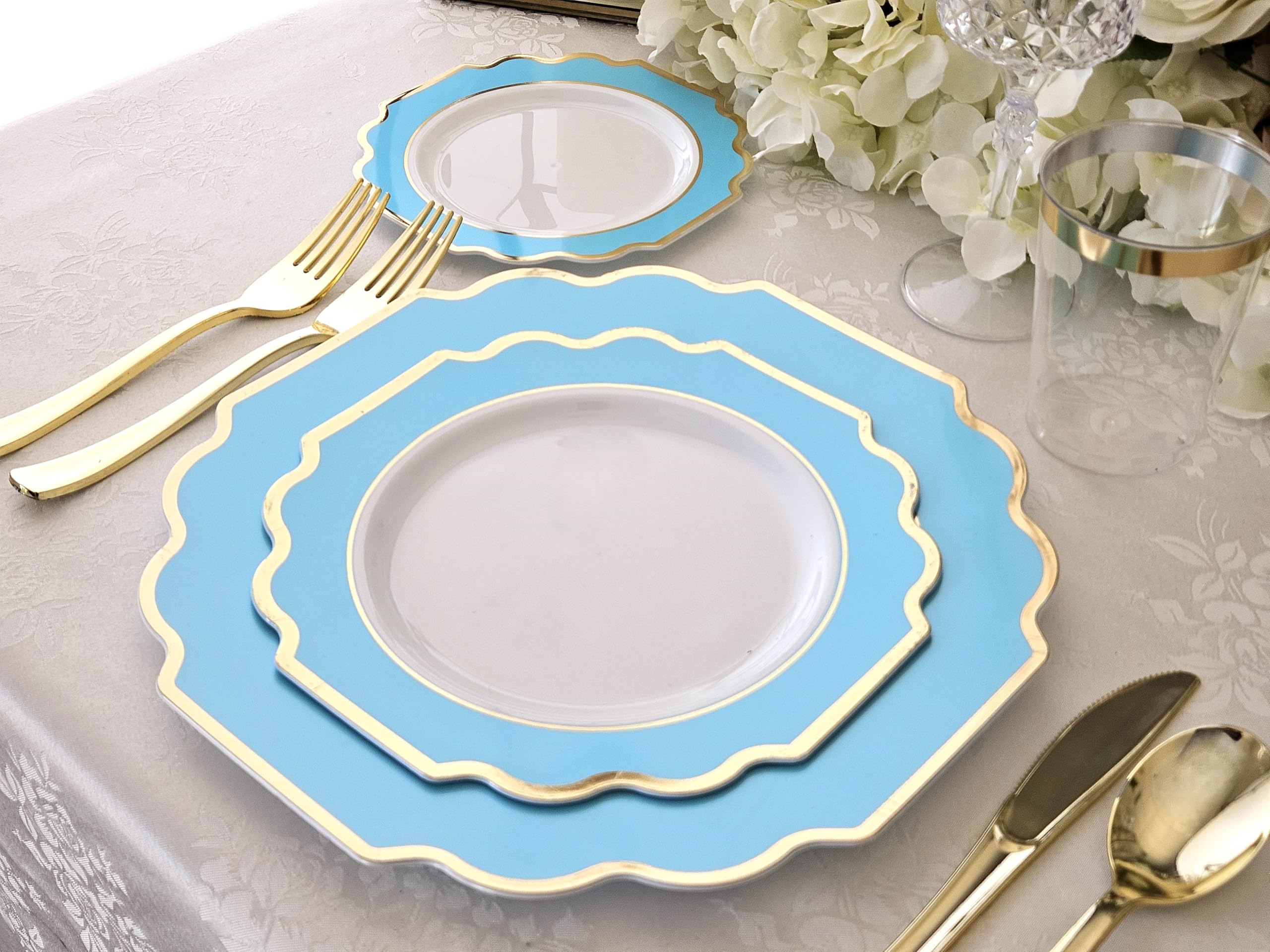 120 Heavyweight Disposable Plastic Plates 10.5 Inch - Elegant Imperial Aqua & Gold for Wedding, Party, Banquet & Special Events | Durable Dinner Plates for Catering, BBQ, Picnic & Family Gatherings
