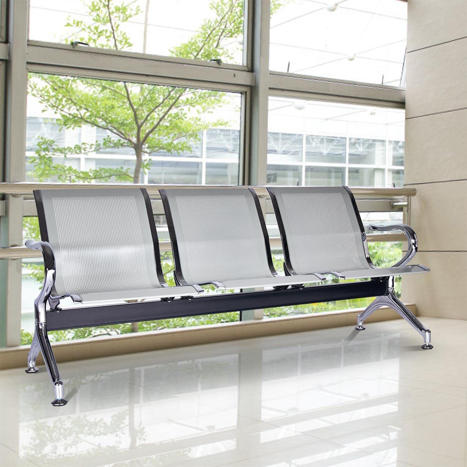 Kinfant 3-Seat Waiting Room Bench - Silver Mesh Reception Chairs for Airport, Hospital, Bank, Salon, Barber Shop | Comfortable Guest Seating for Lobby, Conference Room & Public Spaces