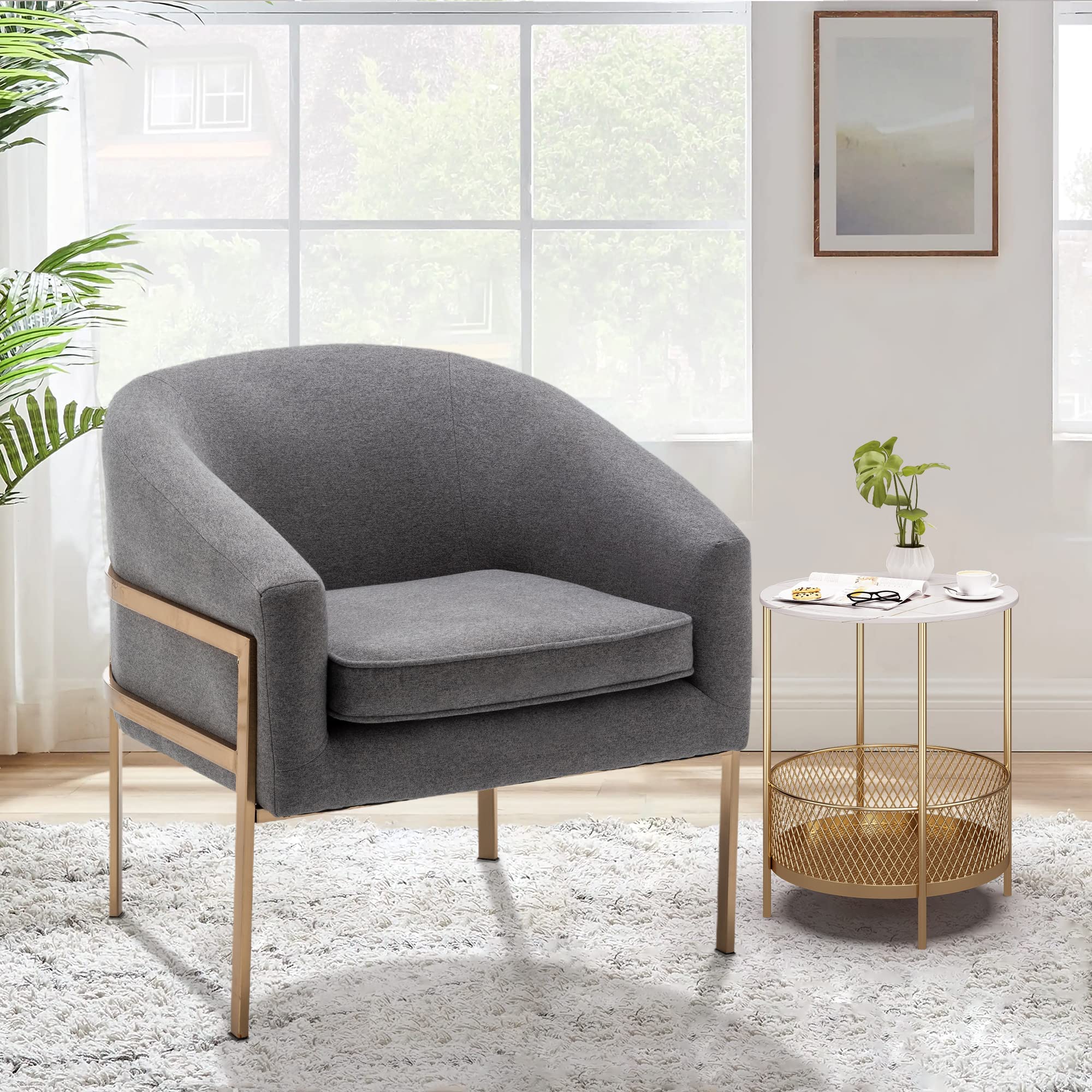 AKLAUS Grey Upholstered Accent Chair - Modern Single Sofa Armchair with Metal Legs for Living Room, Bedroom, Office & Reading Nook - Comfortable Lounge Chair for Relaxation, Coffee Time and Leisure Activities
