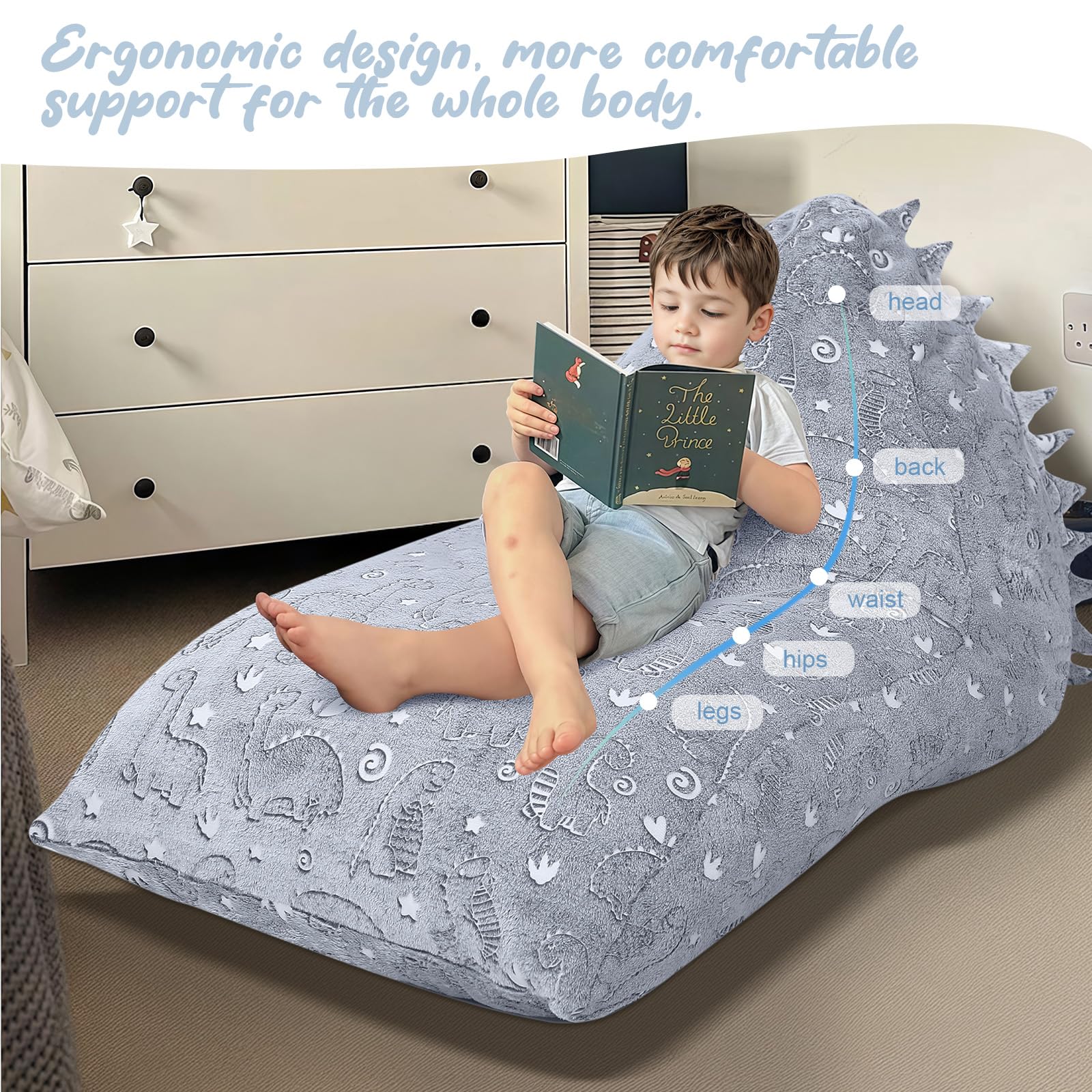 COMAX Dinosaur Bean Bag Chair for Kids 8-12 - Large Plush Beanbag Chair with Filler, Soft Toddler Lounge Chair for Boys & Girls - Glow in The Dark Dinosaur Floor Seating for Bedroom, Playroom & Game Room