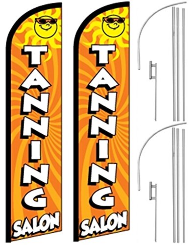 2 Pack Windless Swooper Feather Banner Flags for Tanning Salon - Includes Poles & Ground Spikes - Perfect for Outdoor Advertising, Business Promotion & Beach Events