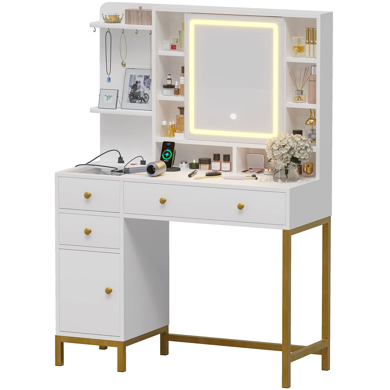 VIAGDO White Vanity Desk with LED Lights - Makeup Vanity Table with Openable Mirror, Charging Station, 4 Drawers & Storage Shelves - Perfect for Bedroom, Dressing Room & Beauty Salon Organization