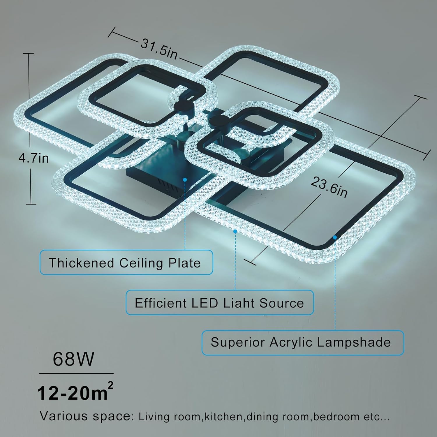 Modern LED Ceiling Light Fixture - Crystal Dimmable Flush Mount with Remote Control, 6 Square Frame Design for Living Room, Dining Room & Kitchen | Perfect for Home Decor, Ambient Lighting & Energy Saving
