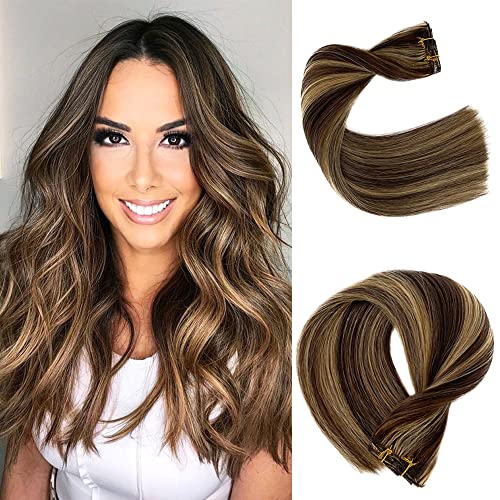 15 Inch Clip in Hair Extensions - Real Human Remy Hair, Medium Brown to Caramel Blonde, Straight Hand-Tied Weft for Women | Perfect for Daily Styling, Parties & Special Occasions