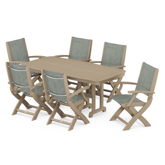 POLYWOOD Coastal Folding Arm Chair 7-Piece Outdoor Dining Set - Perfect for Patio, Deck, Poolside & Beachfront Entertaining