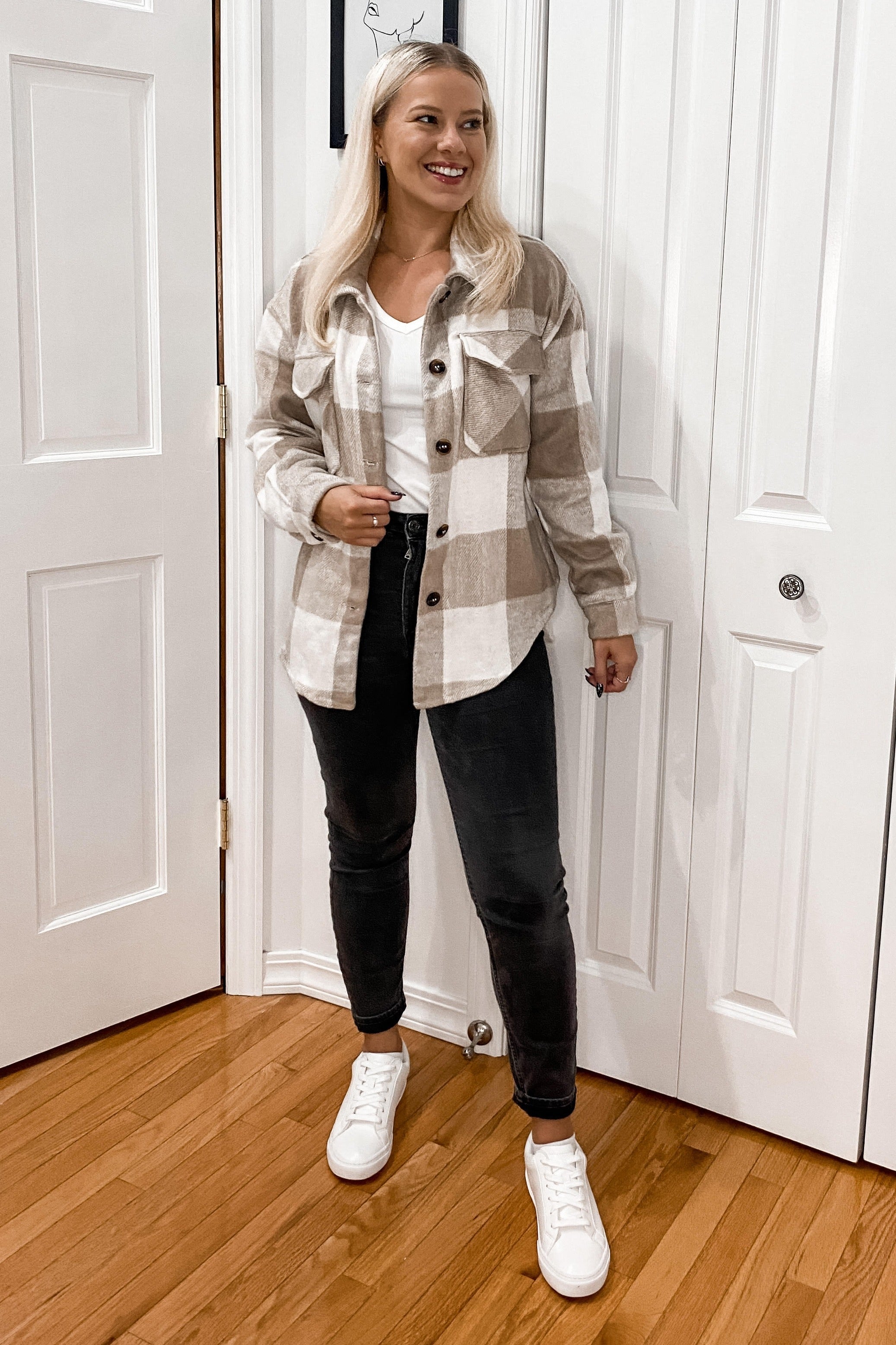 Beige Plaid Knit Shirt Jacket for Women - Cozy Oversized Button Up Cardigan Sweater | Perfect for Fall Layering, Casual Outfits & Outdoor Activities