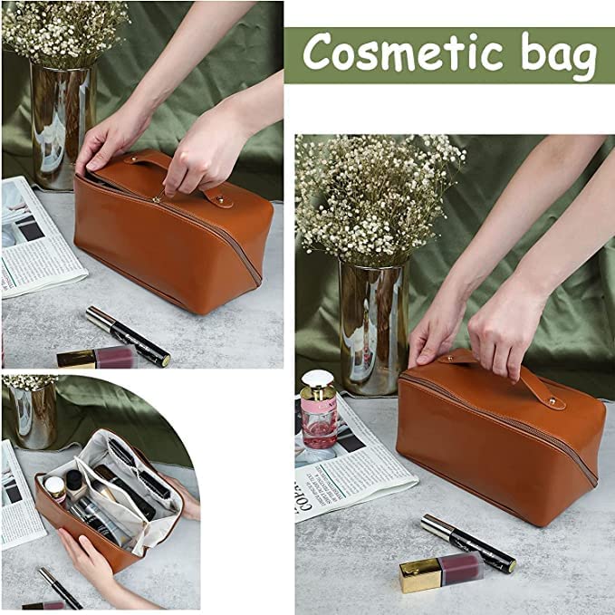 Premium Leather Cosmetic Travel Bag for Women - Large Makeup Organizer with Handle & Dividers, Spacious Wide Opening for Toiletries & Cosmetics - Perfect for Travel, Gym, and Daily Use