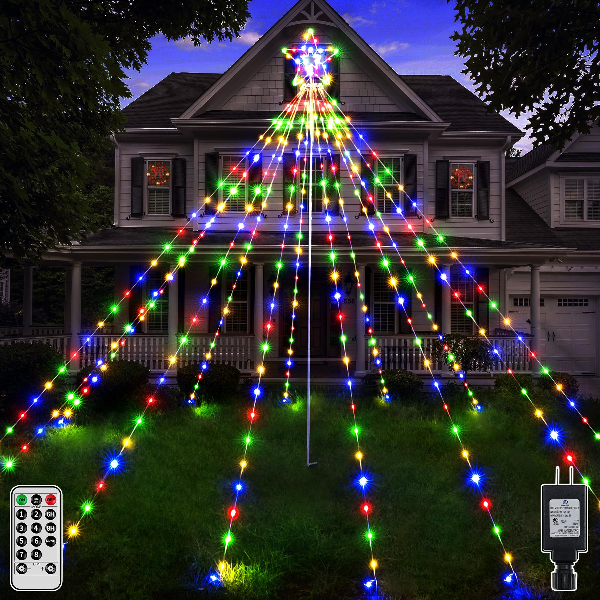 Shineshine 340LED Christmas Tree Lights - IP67 Waterproof Outdoor String Lights with Remote Control, 8 Lighting Modes & 3 Timers - Dimmable Waterfall Lights for Yard, Garden, Lawn, and Holiday Decorations (Multicolored) - Perfect for Christmas, Parties, and Outdoor Events